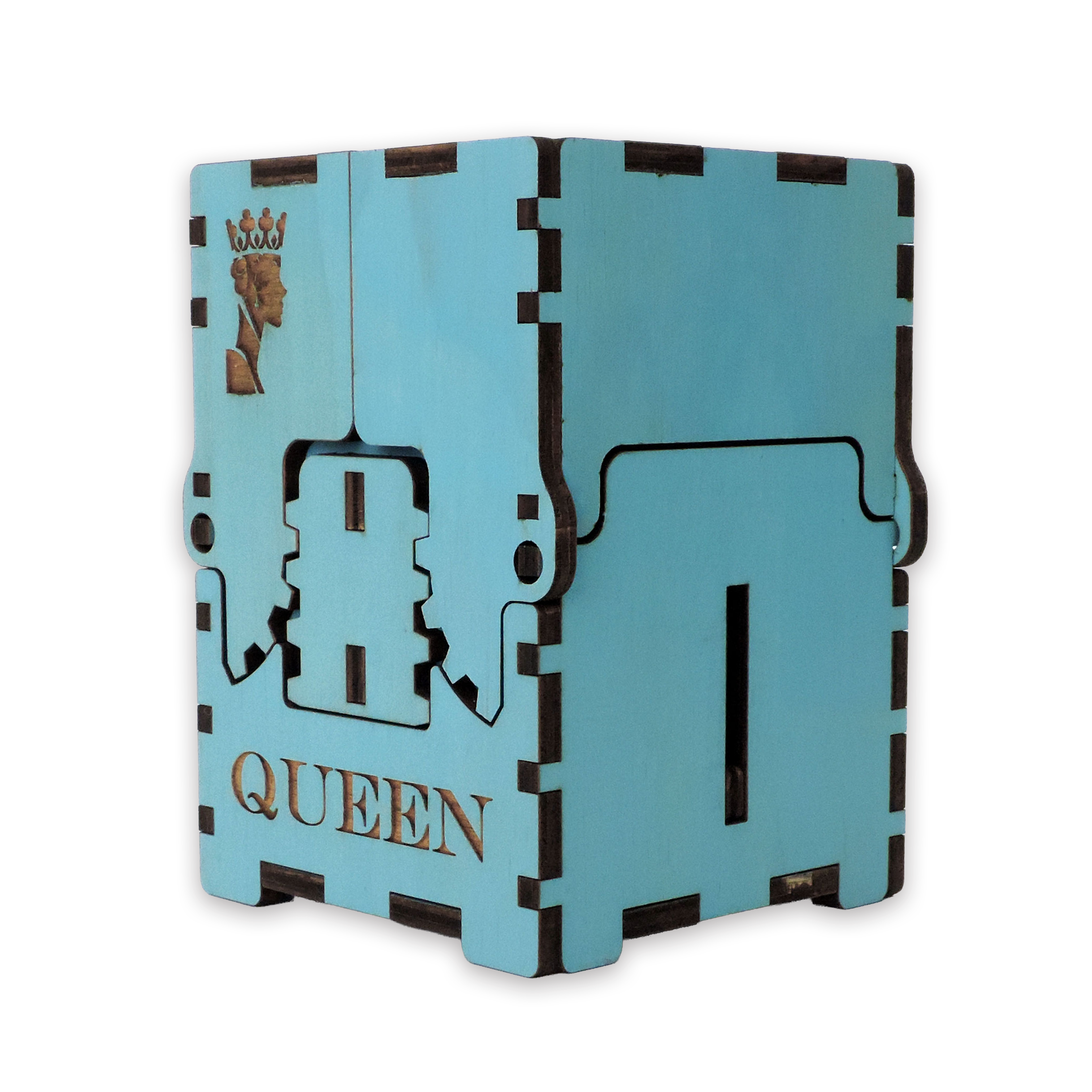 Laser-cut queen box, turquoise-painted birch plywood