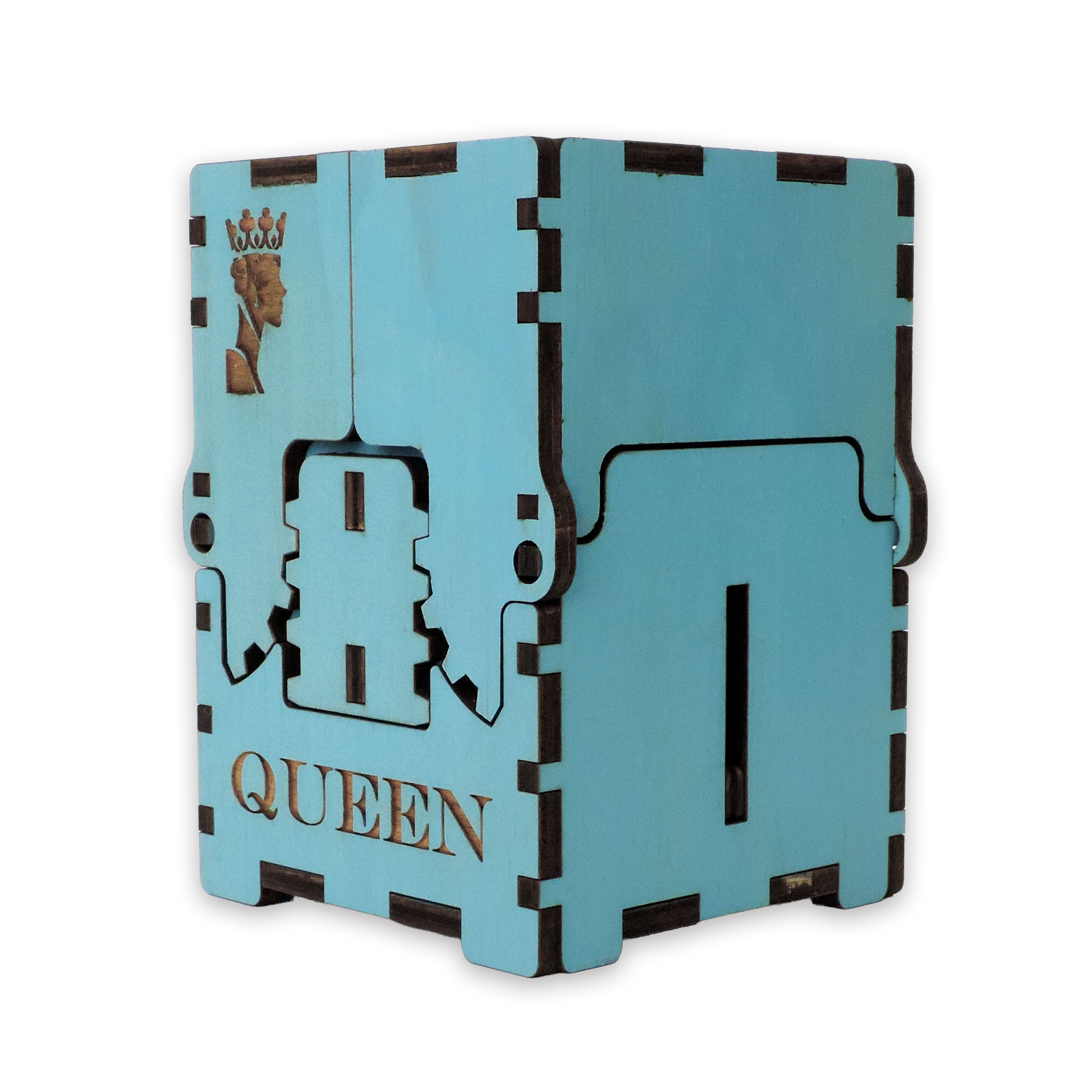 Laser-cut queen box, turquoise-painted birch plywood