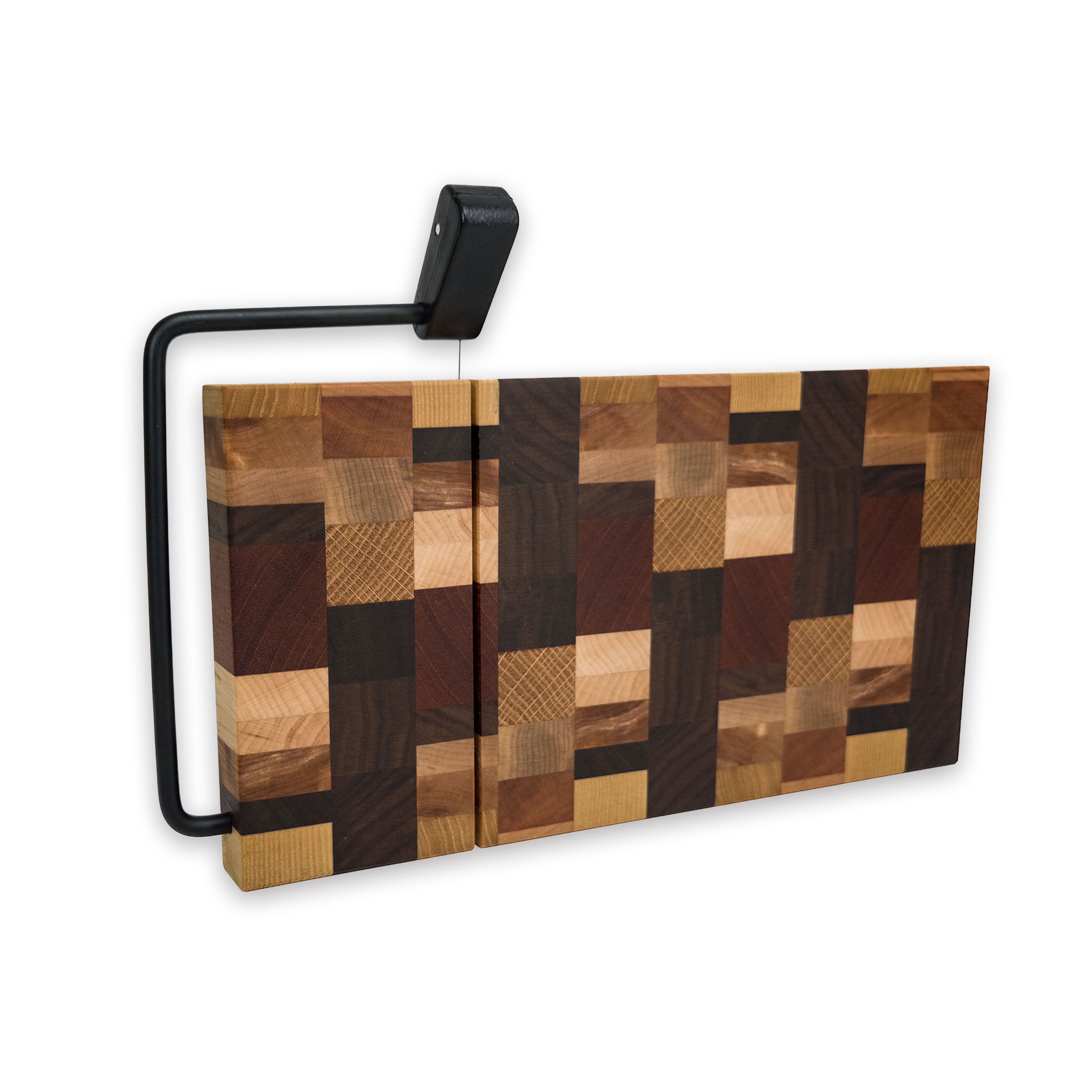 End grain dark mixed hardwood cheese slicer board with wire cutter, oiled hardwood