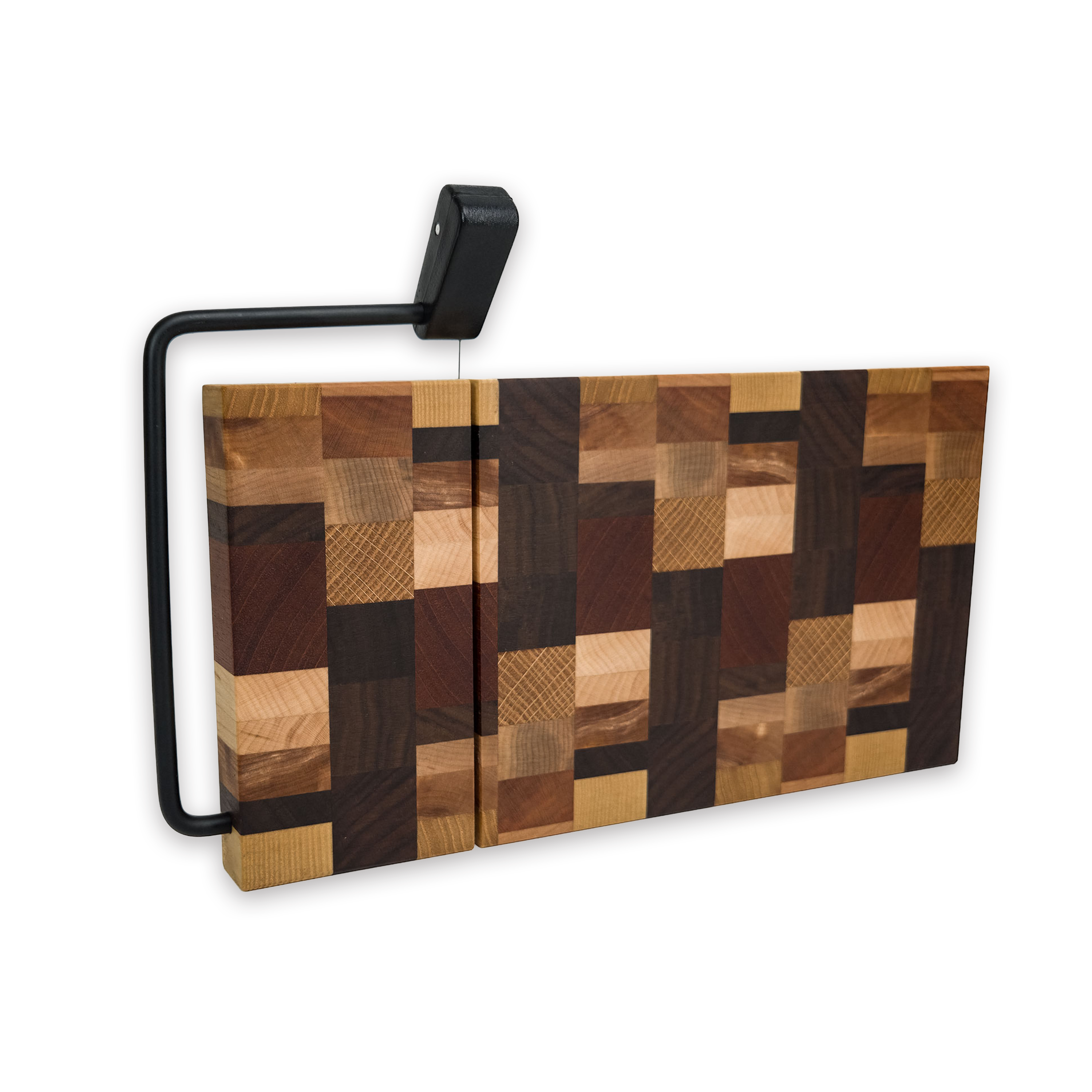 End grain dark mixed hardwood cheese slicer board with wire cutter, oiled hardwood