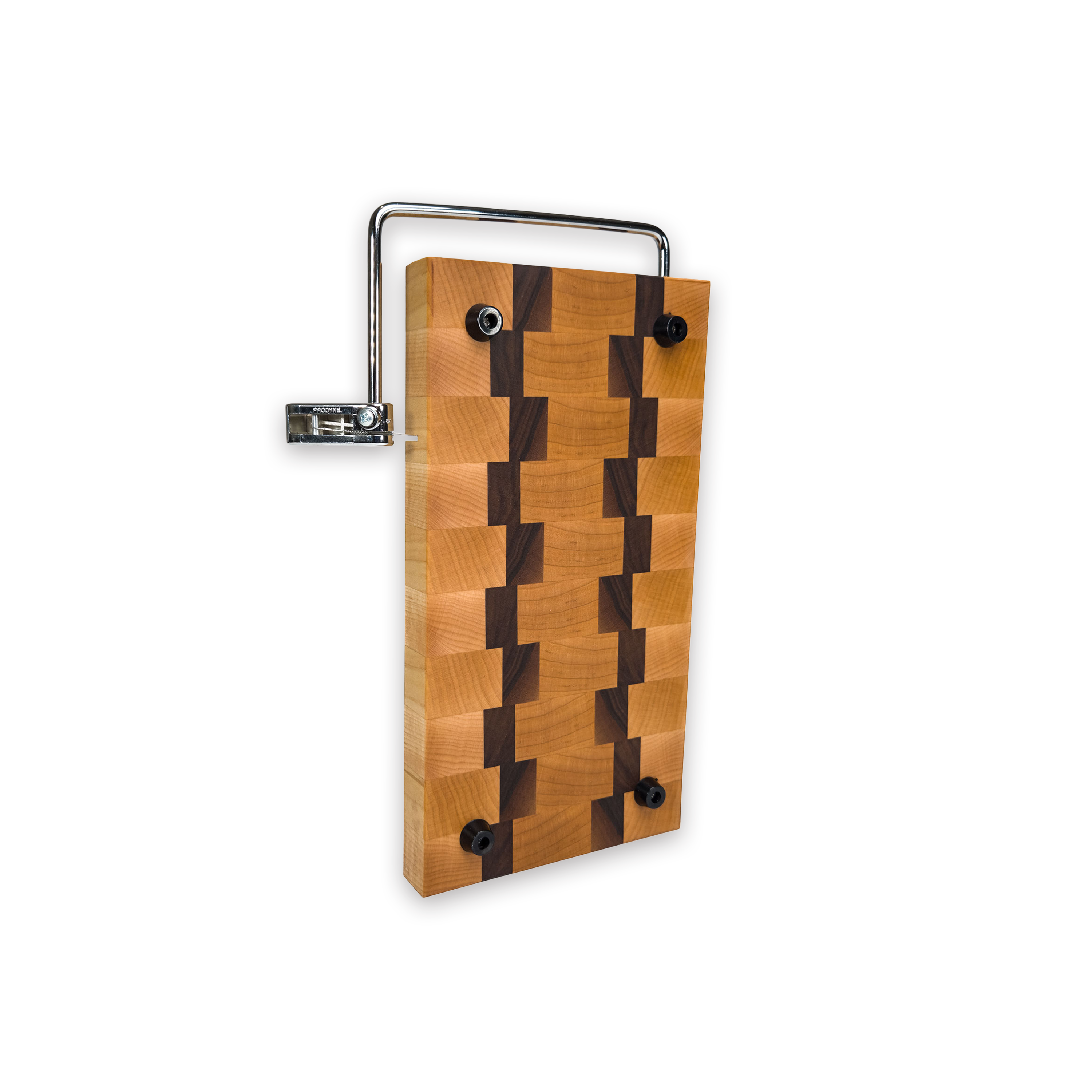End grain maple & walnut cheese slicer board with wire cutter, oiled hardwood