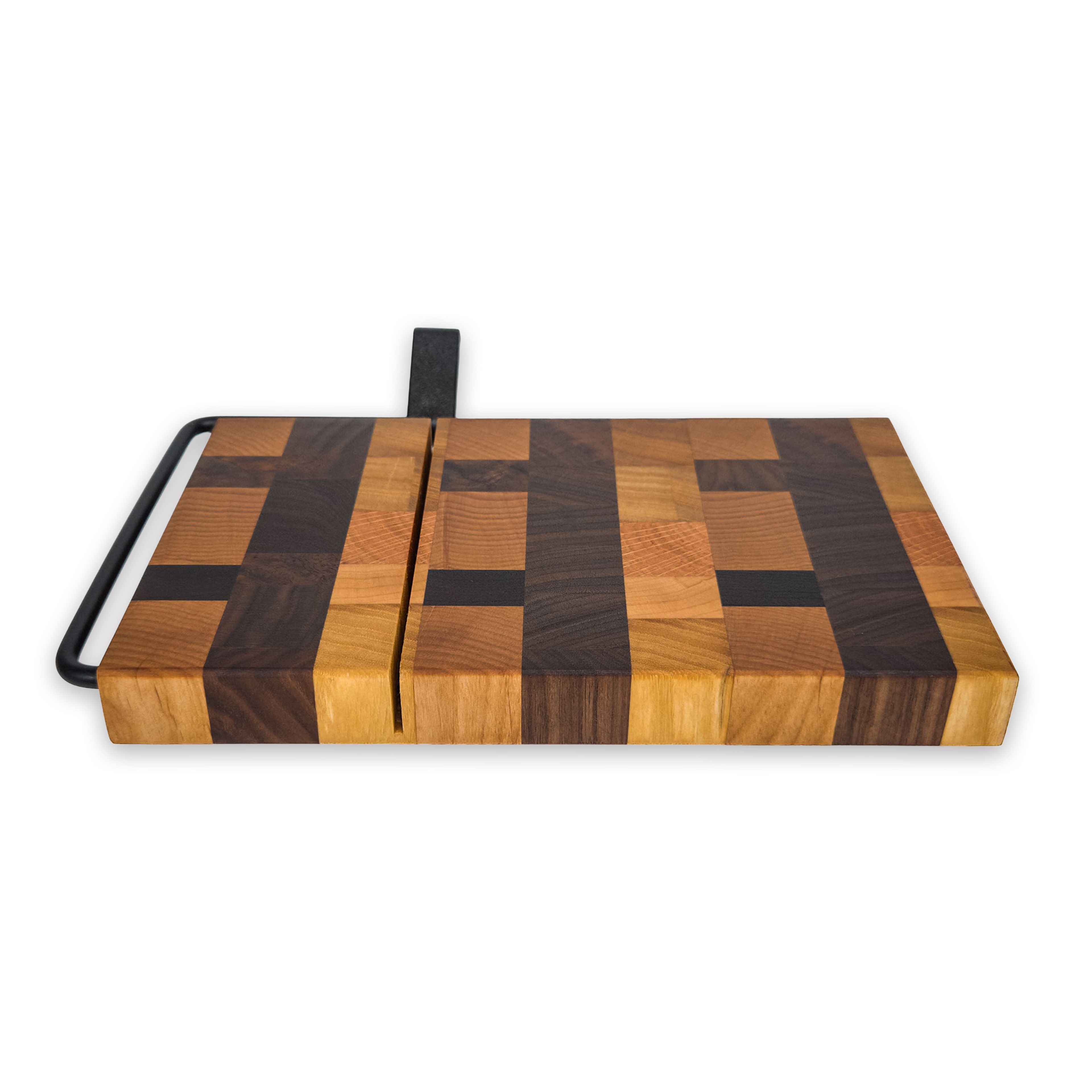 End grain oak, cherry & walnut cheese slicer board with wire cutter, oiled hardwood