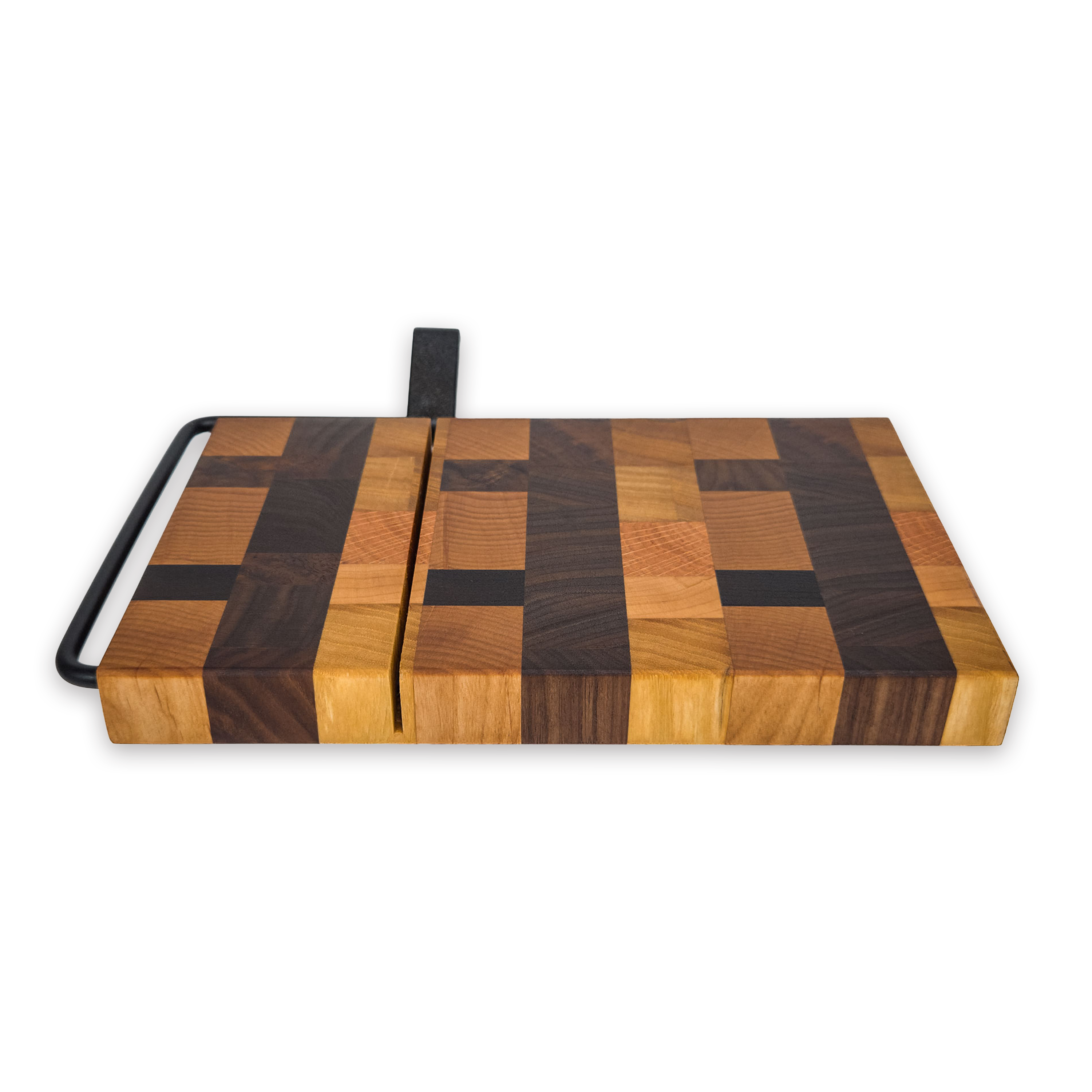 End grain oak, cherry & walnut cheese slicer board with wire cutter, oiled hardwood