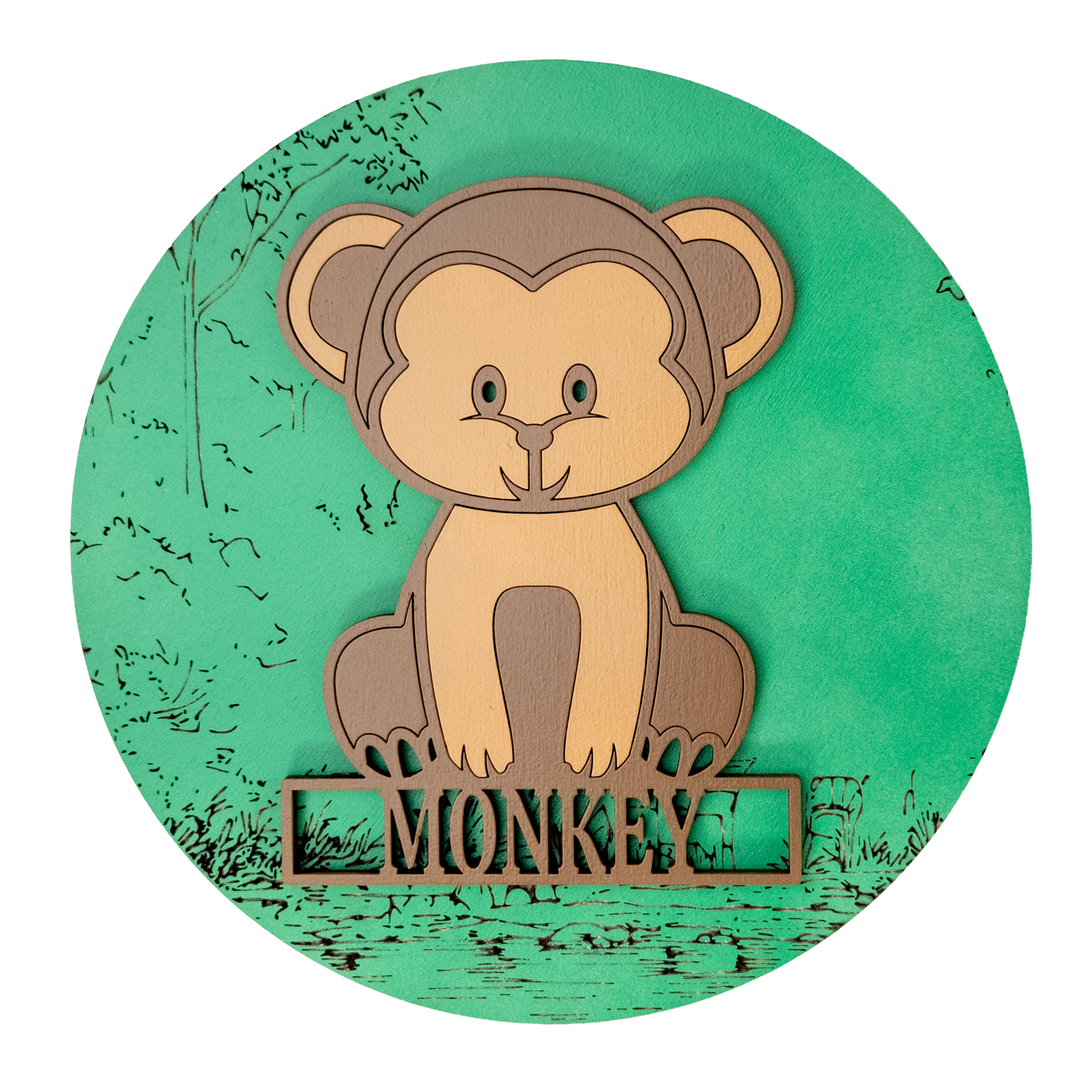 Multilayer 3D laser-cut monkey name sign wall art, Baltic Birch Plywood