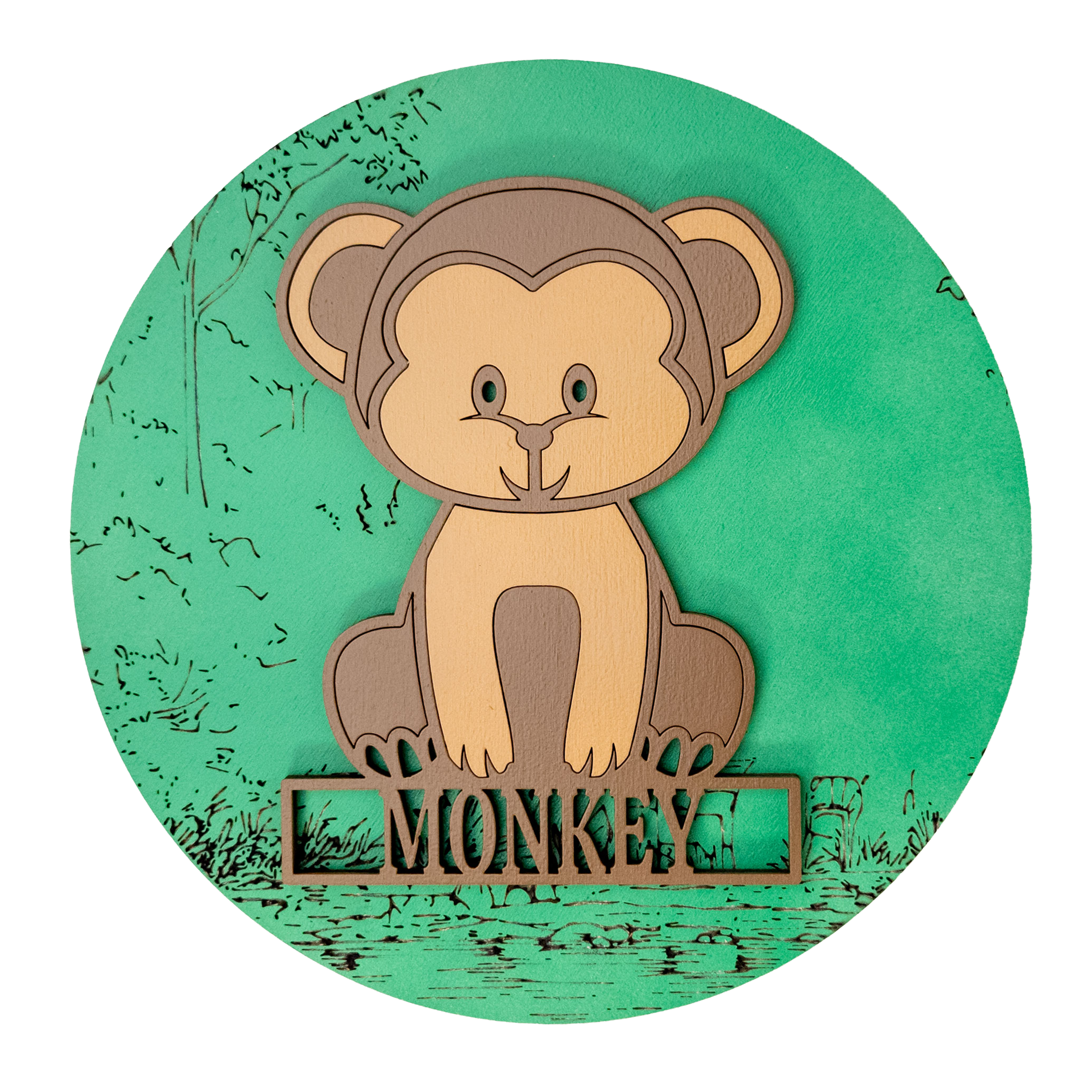 Multilayer 3D laser-cut monkey name sign wall art, Baltic Birch Plywood