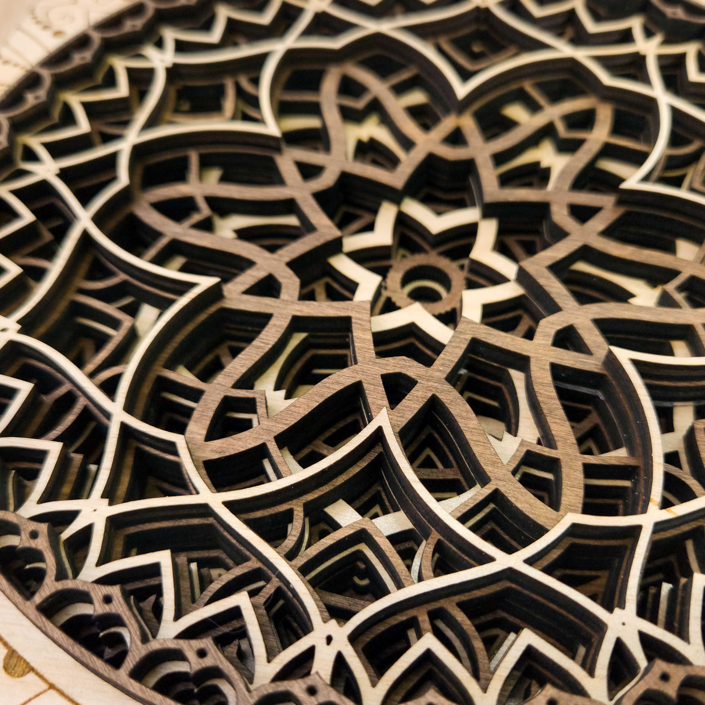 Multilayer 3D laser-cut engraved square mandala wall art, Baltic Birch Plywood