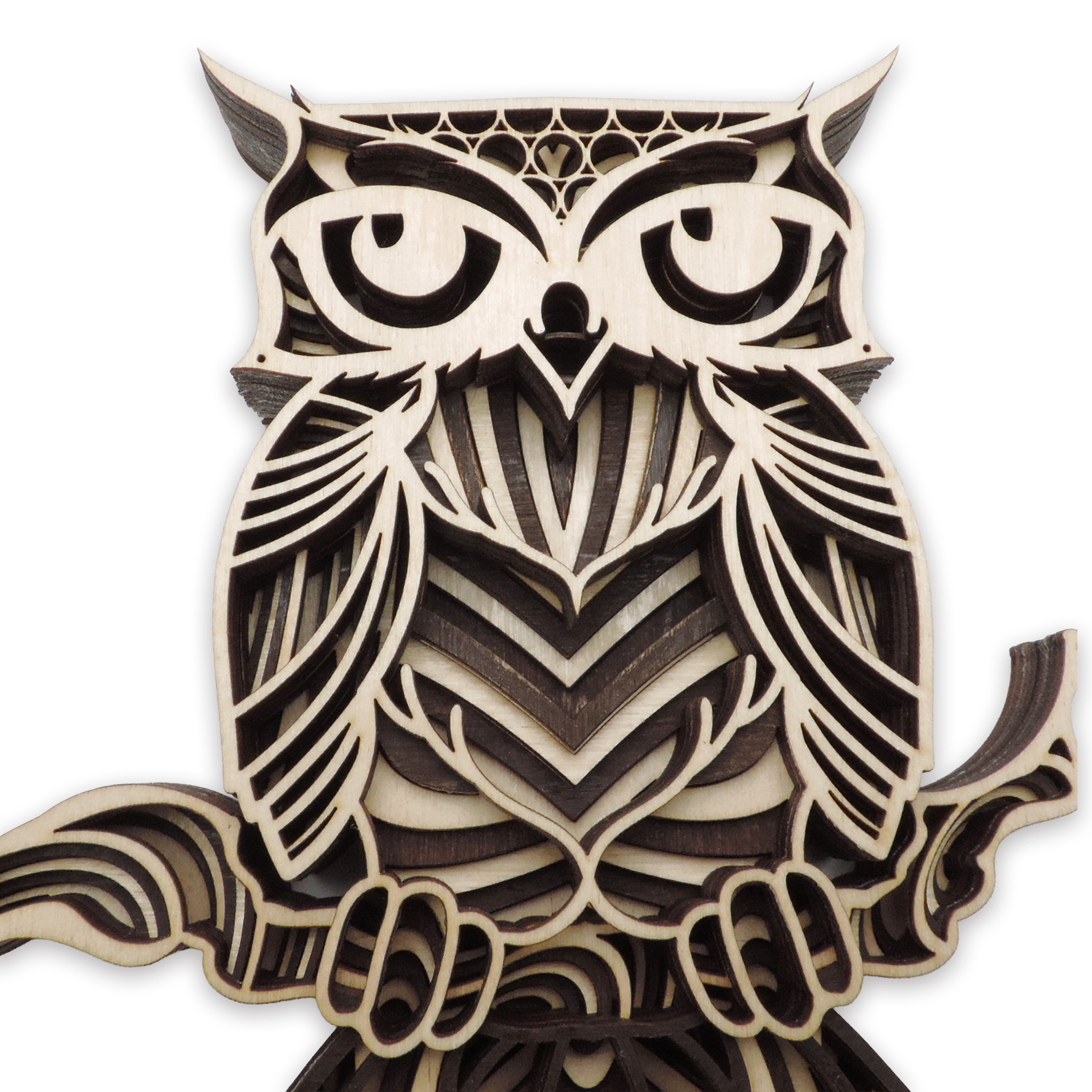 Multilayer 3D laser-cut great horned owl wall art, Baltic Birch Plywood — walnut maple, small (6 × 9 in)