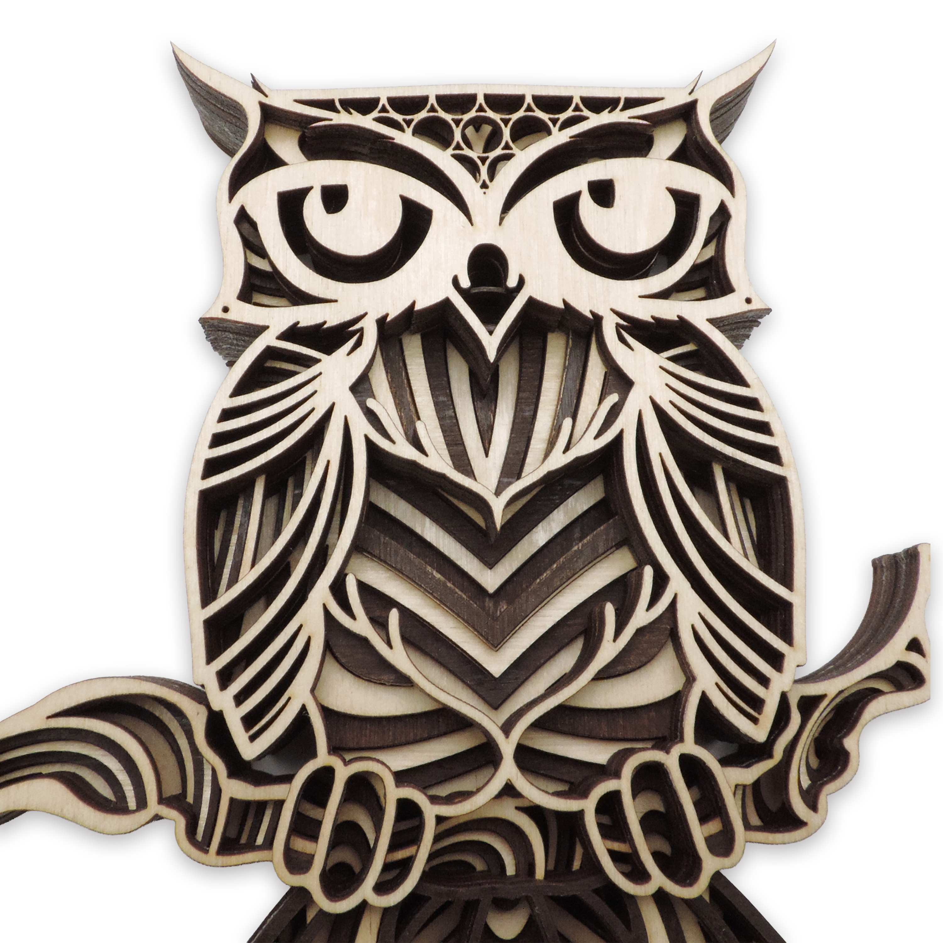 Multilayer 3D laser-cut great horned owl wall art, Baltic Birch Plywood — walnut maple, small (6 × 9 in)