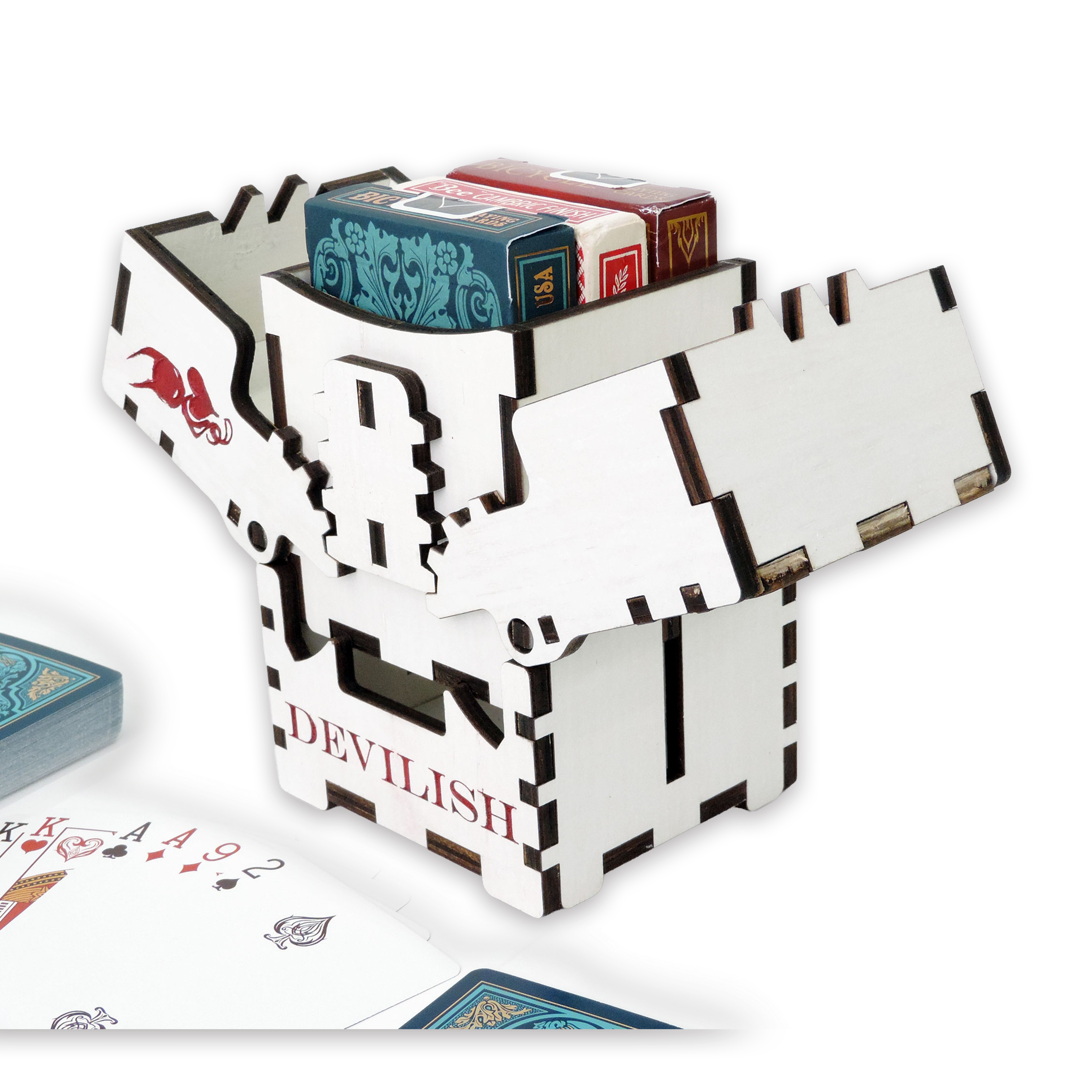 Laser-cut devilish box, white-painted birch plywood — small (3.5 × 5 in)