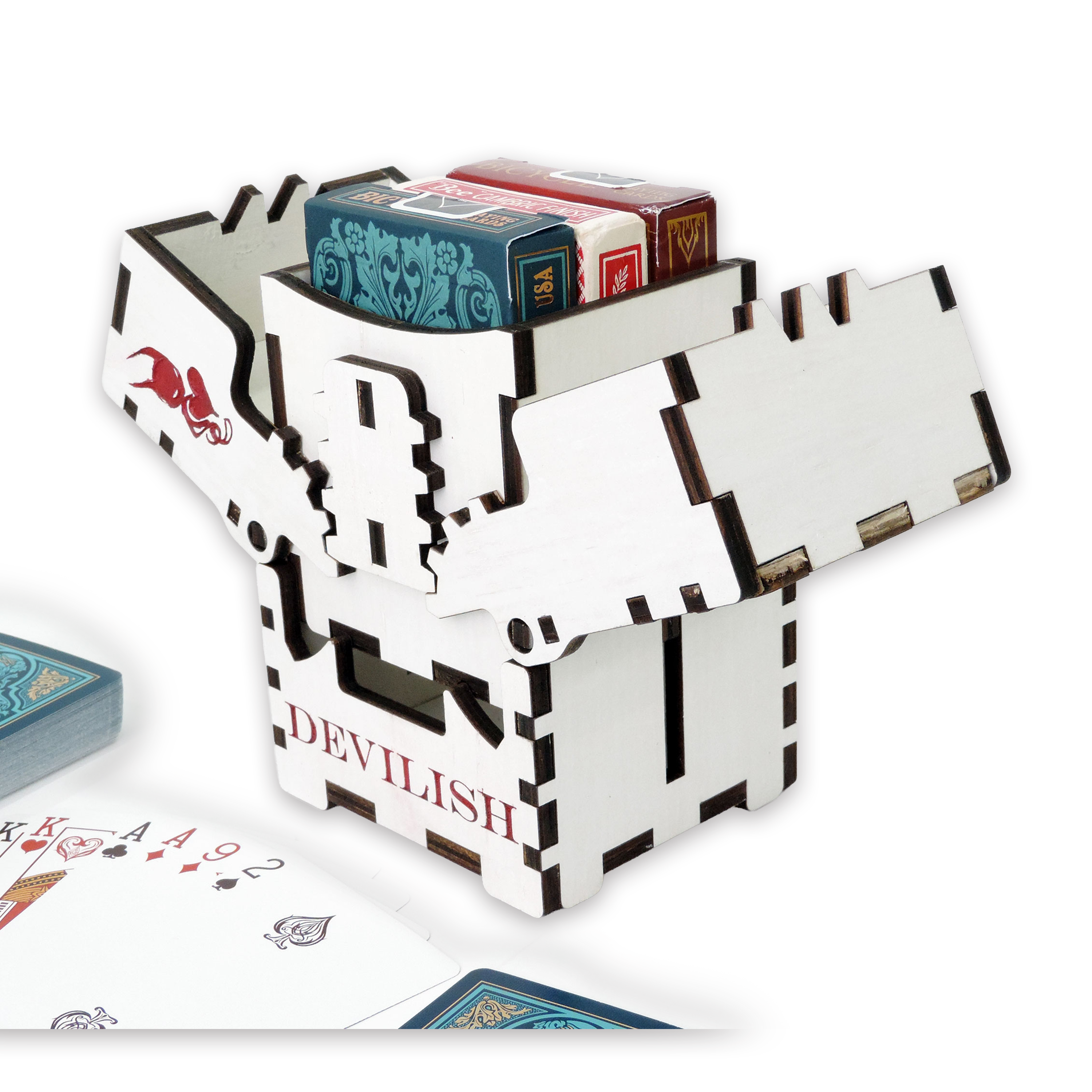 Laser-cut devilish box, white-painted birch plywood — small (3.5 × 5 in)