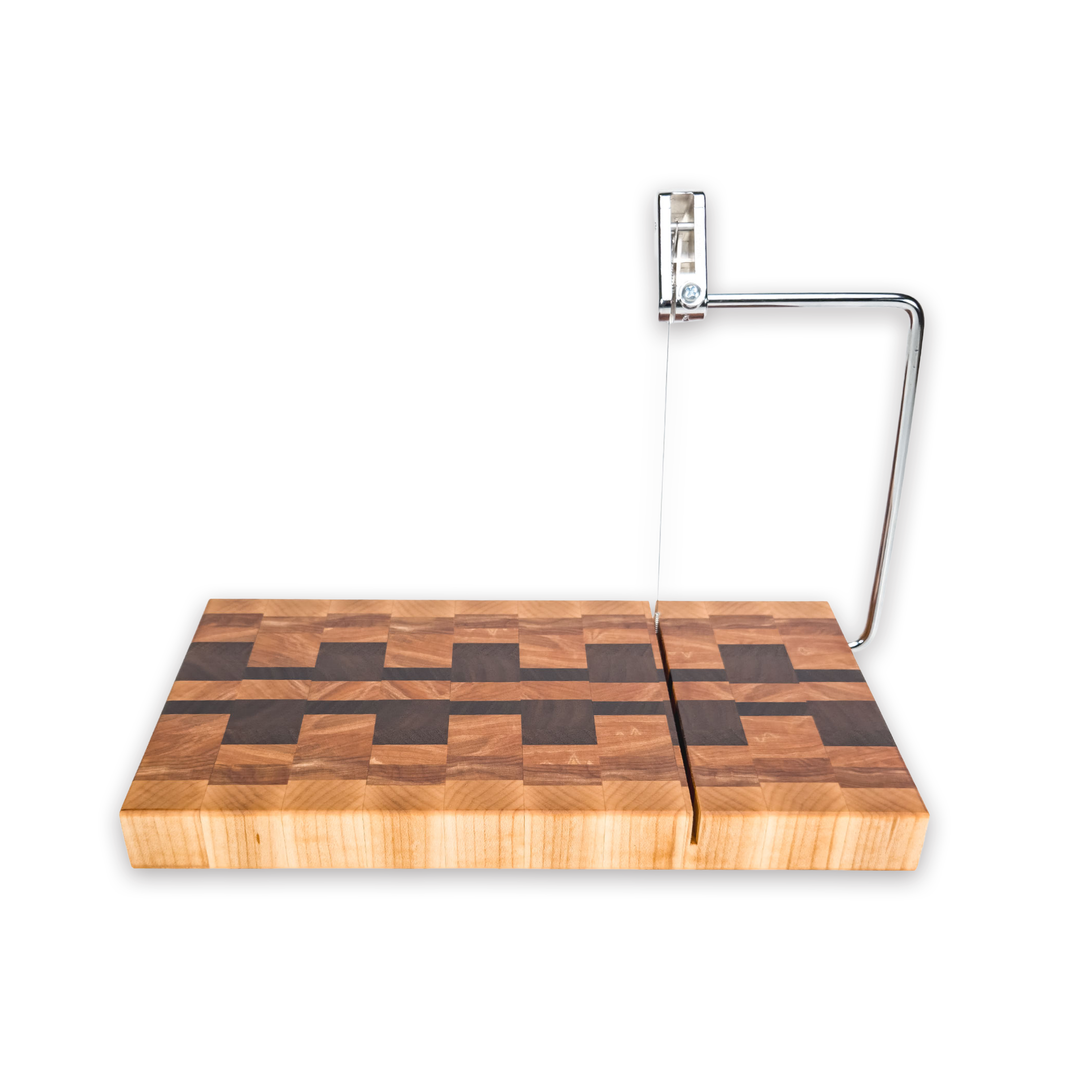 End grain maple, walnut & hickory cheese slicer board with wire cutter, oiled hardwood