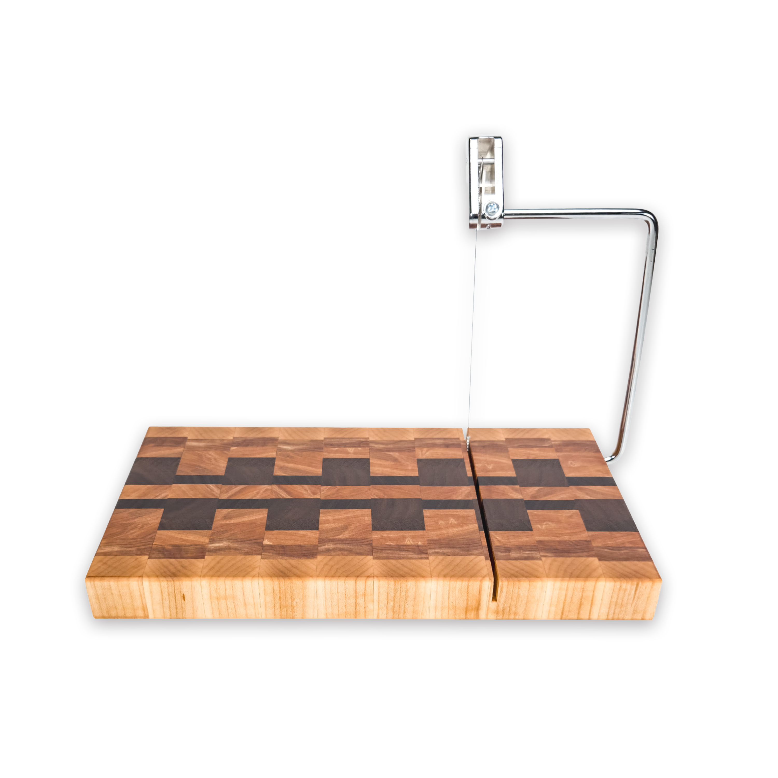 End grain maple, walnut & hickory cheese slicer board with wire cutter, oiled hardwood