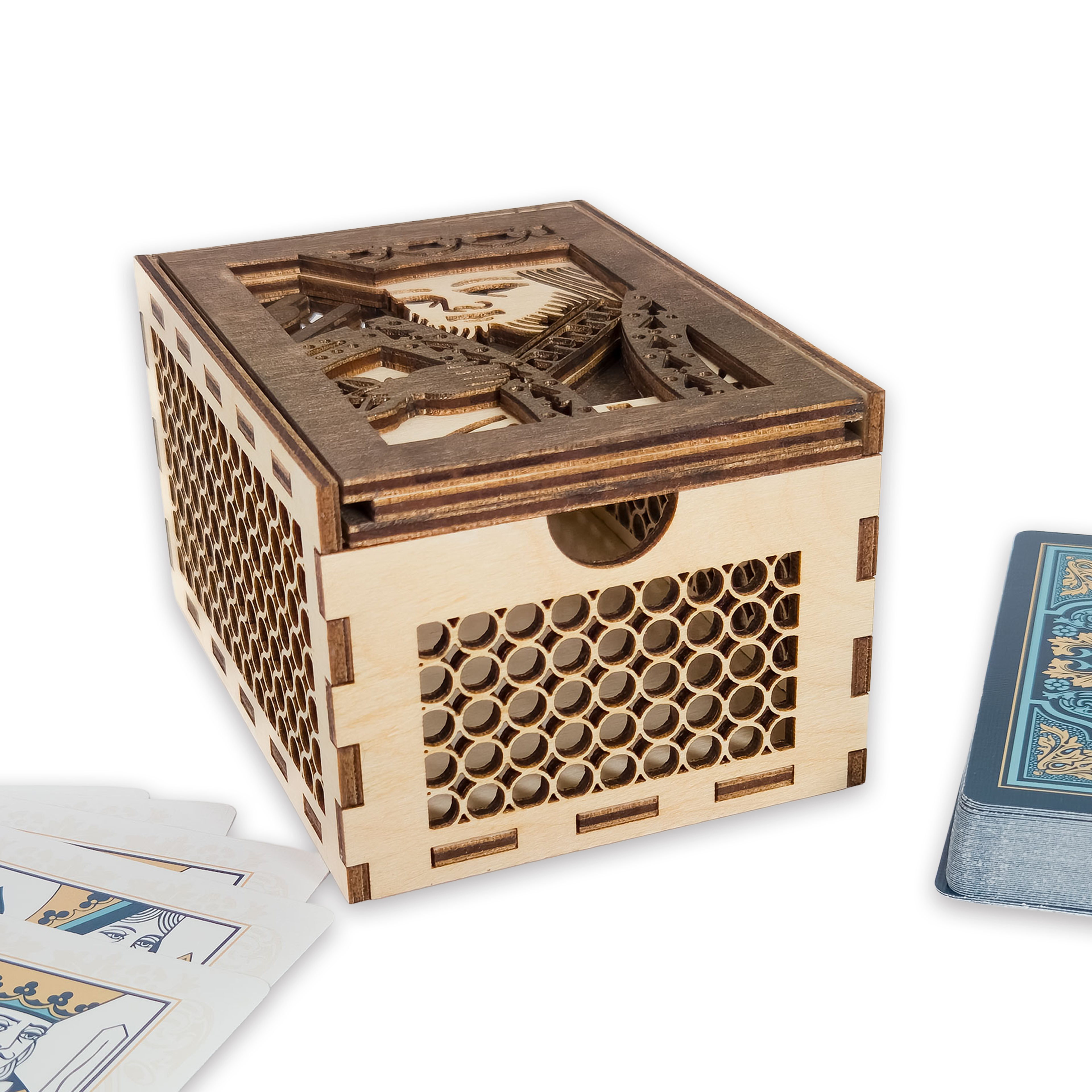 Laser-cut king of hearts poker card box, walnut & maple birch plywood