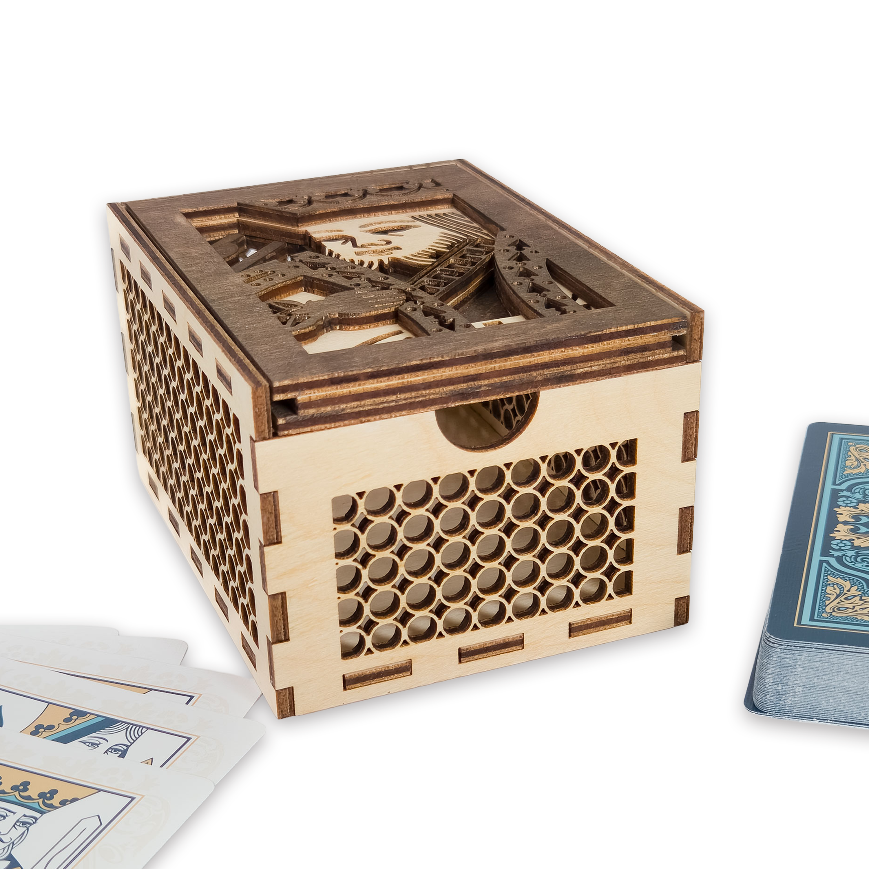 Laser-cut king of hearts poker card box, walnut & maple birch plywood