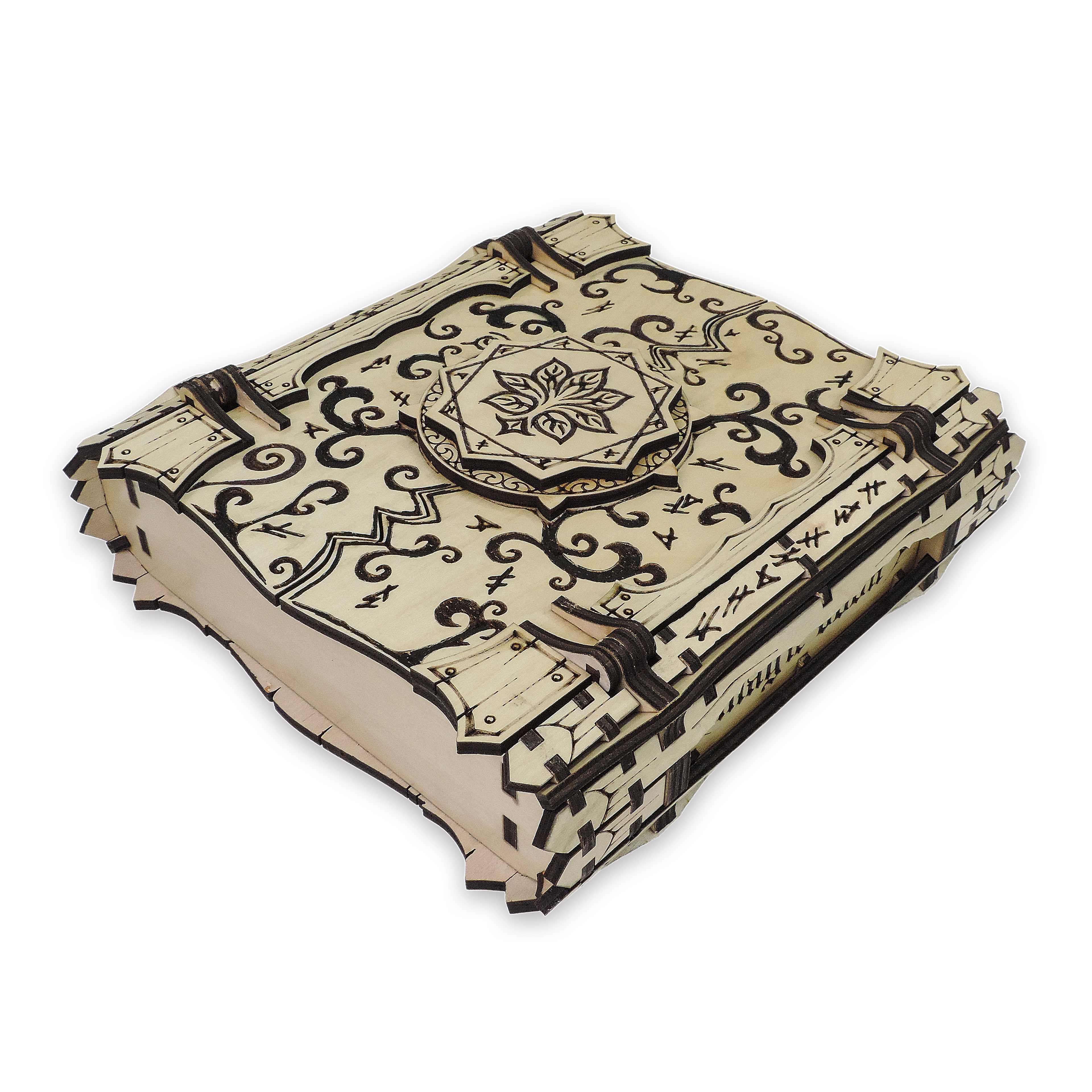 Laser-cut wizard spellbook keepsake box, ¼ in cabinet-grade plywood