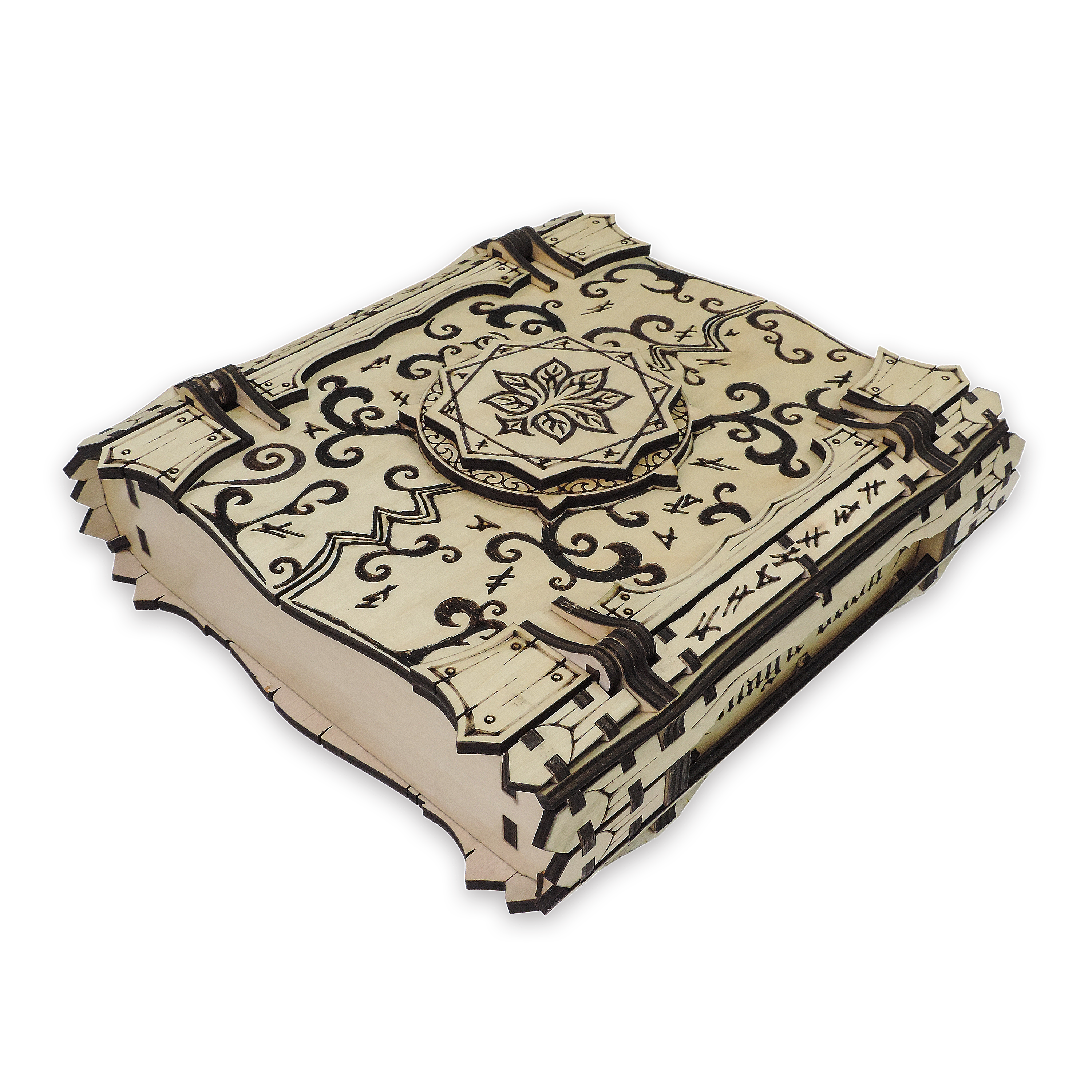Laser-cut wizard spellbook keepsake box, ¼ in cabinet-grade plywood