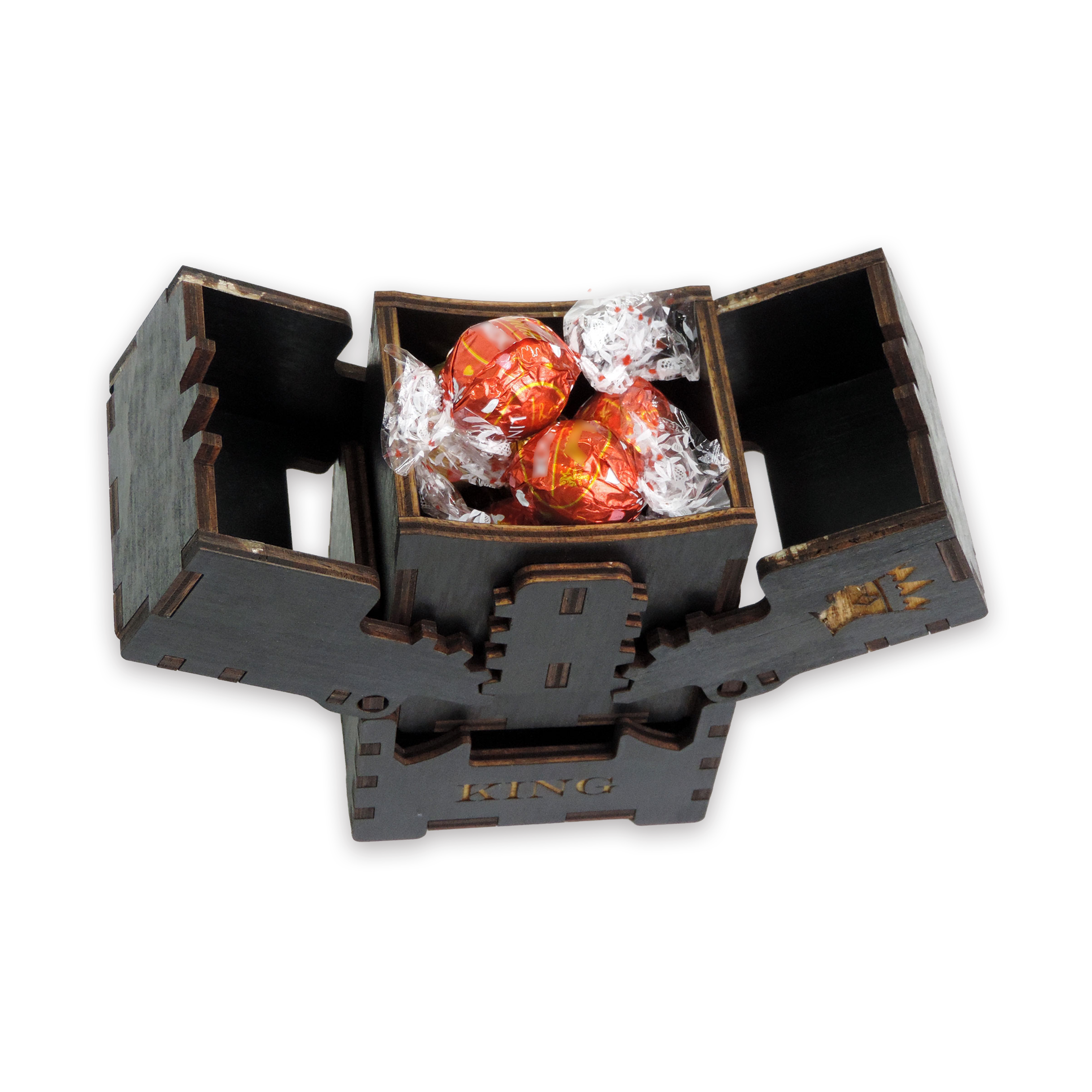 Laser-cut king diamond box, black-painted birch plywood