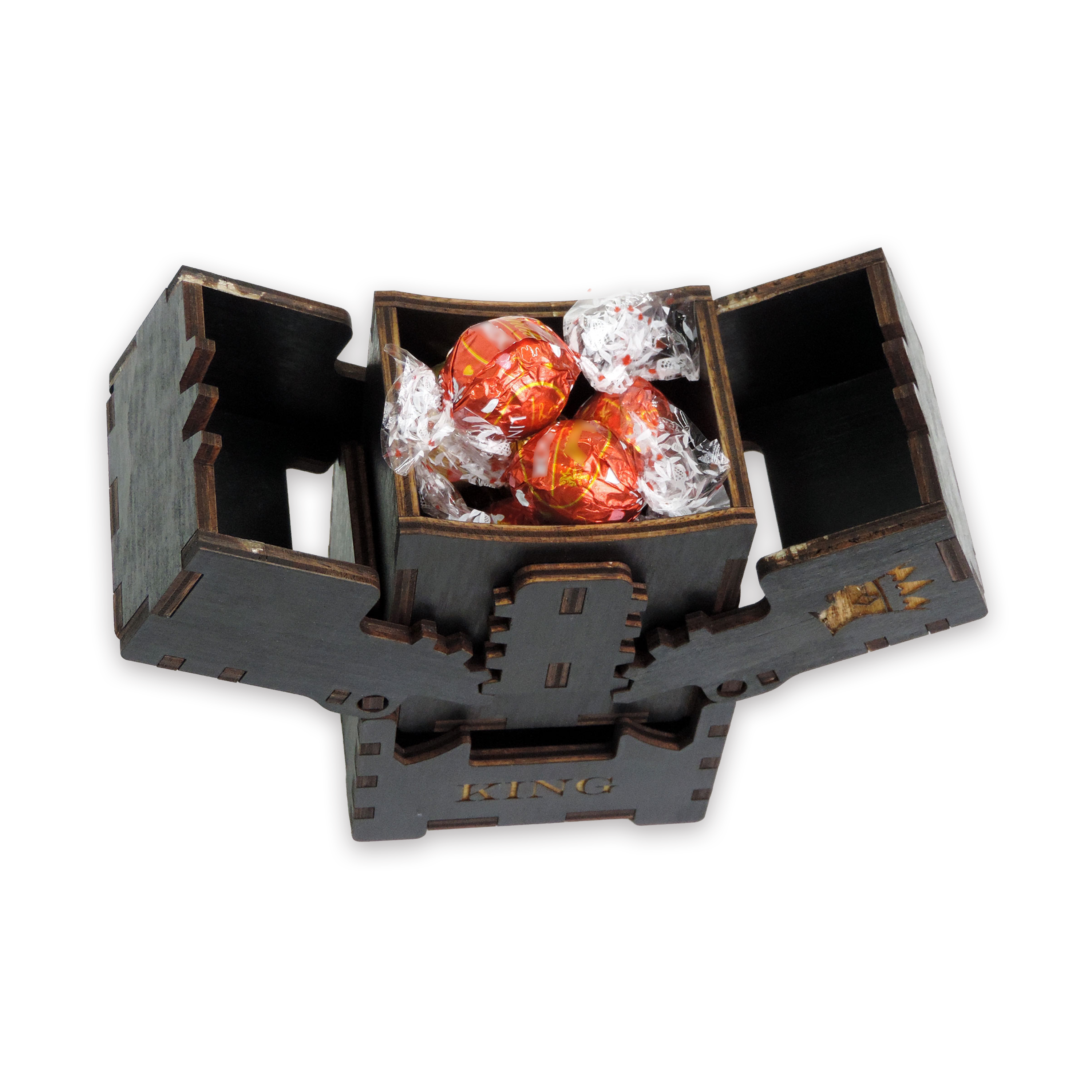 Laser-cut king diamond box, black-painted birch plywood
