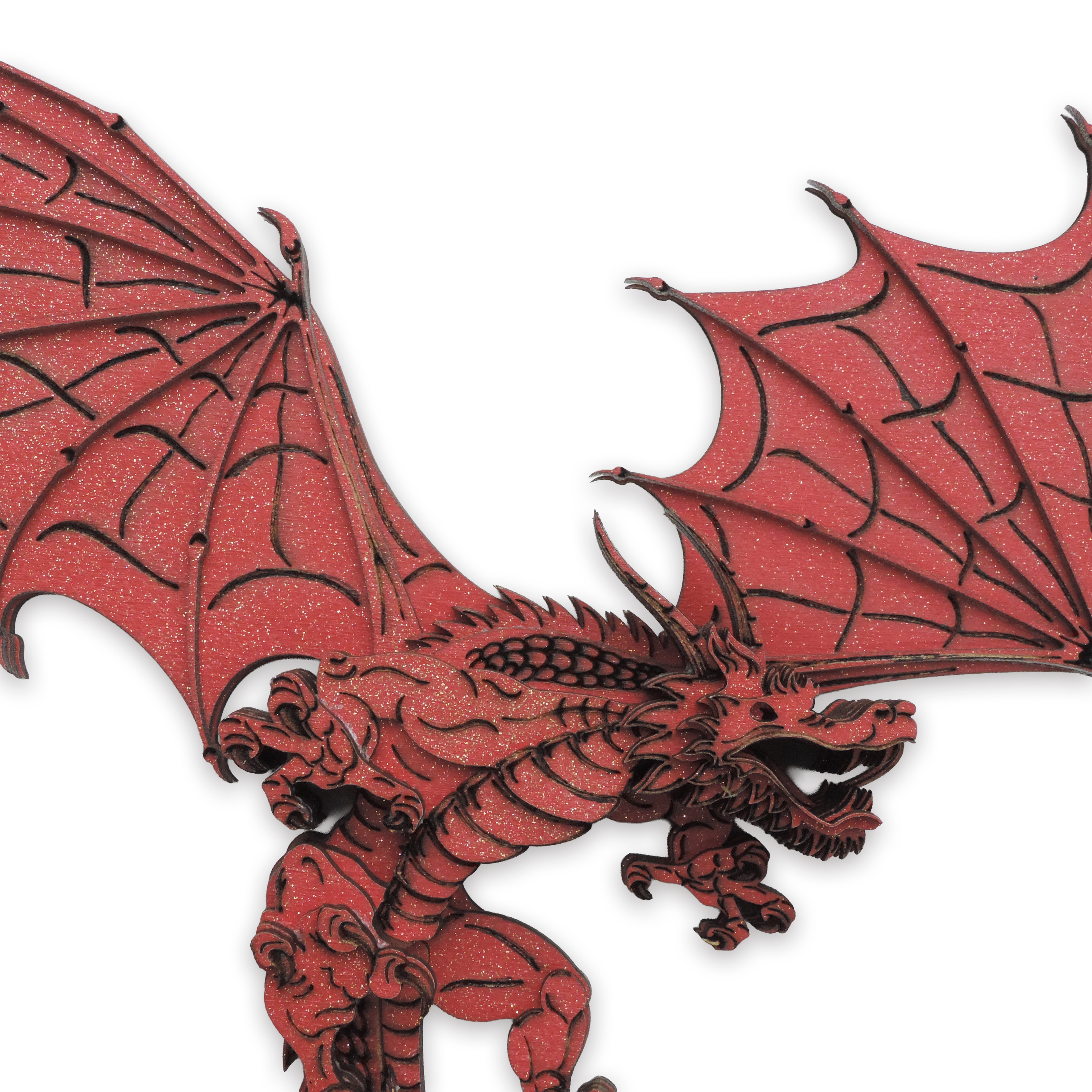 Multilayer 3D laser-cut red dragon wall art, Baltic Birch Plywood — red gold (15 × 10 in)