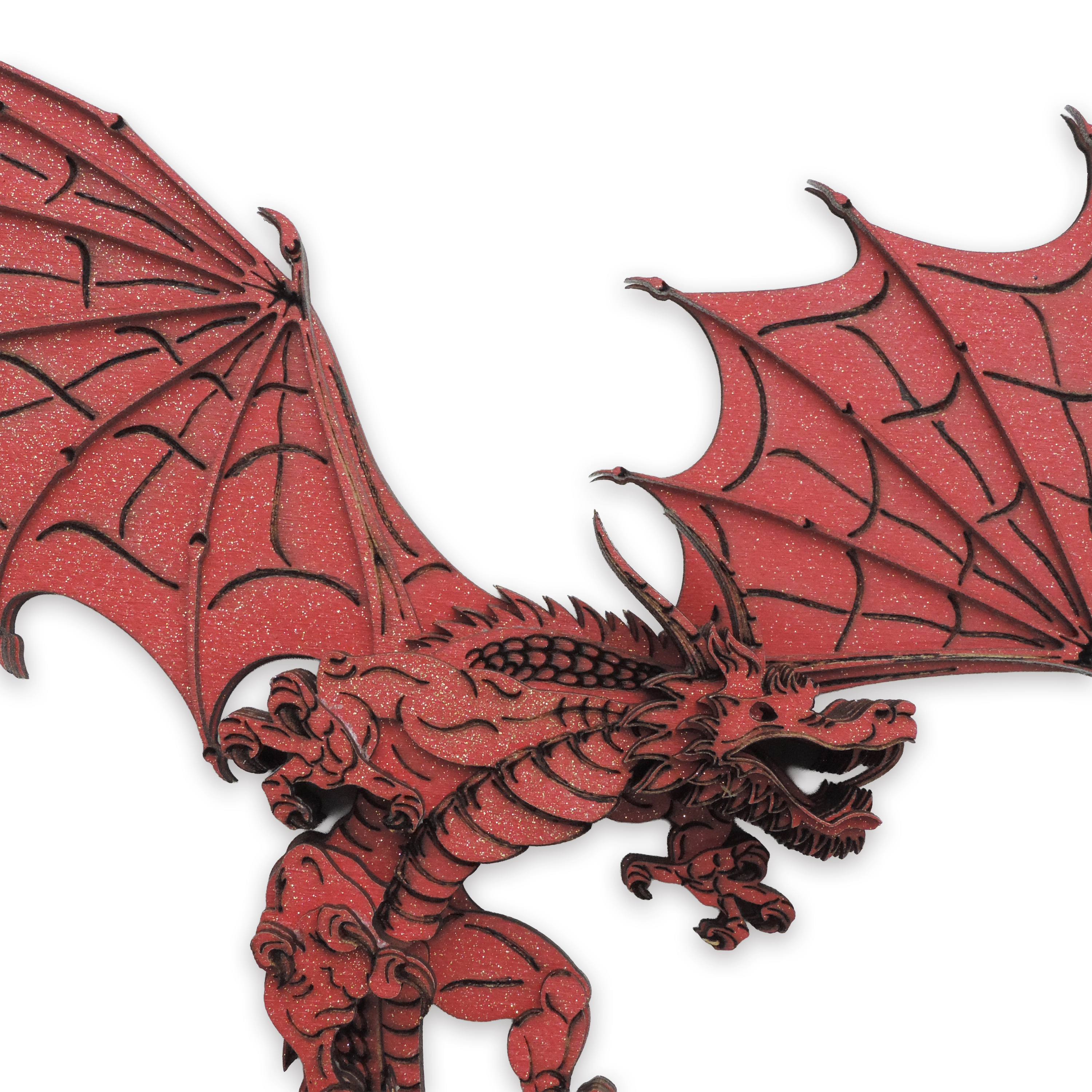 Multilayer 3D laser-cut red dragon wall art, Baltic Birch Plywood — red gold (15 × 10 in)