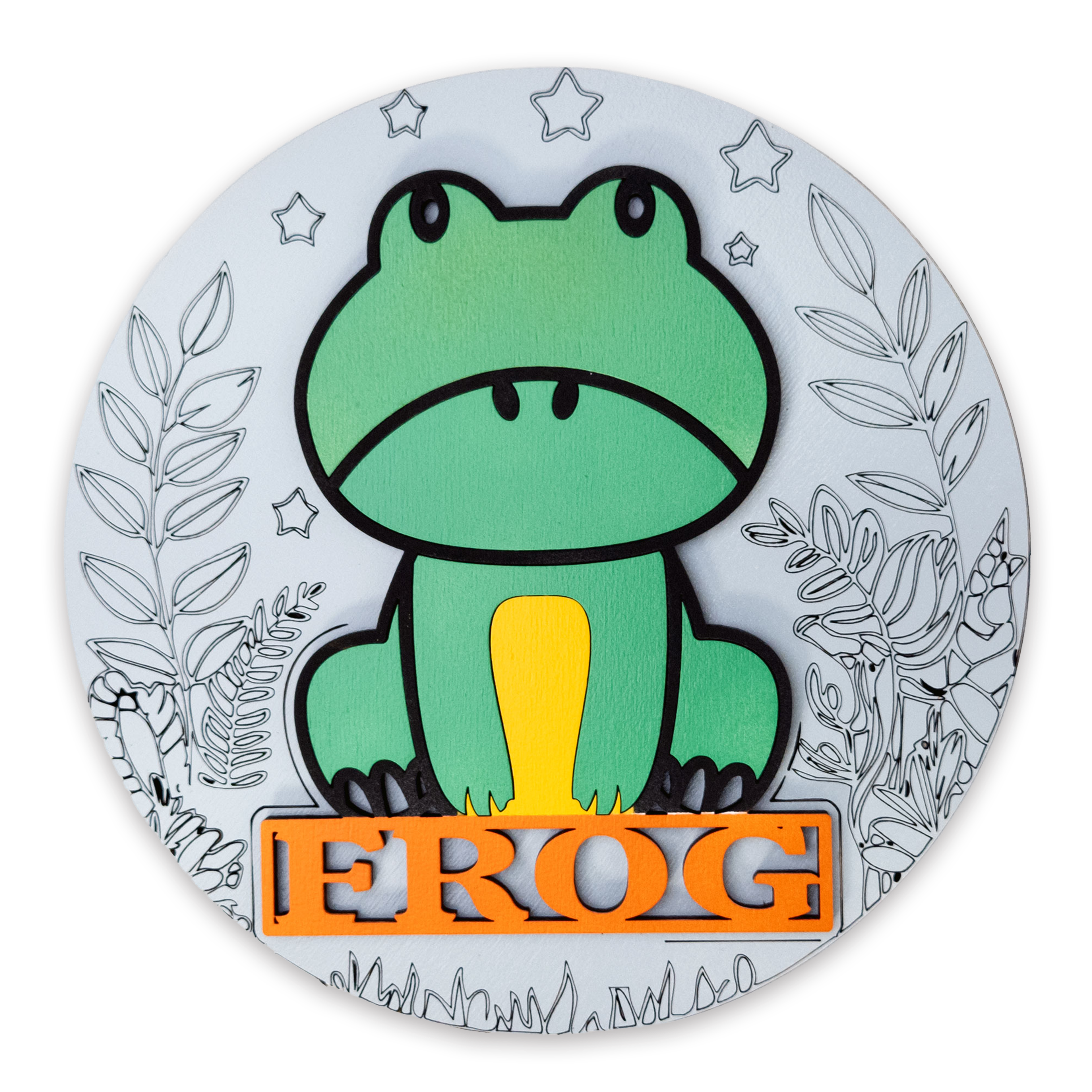 Multilayer 3D laser-cut frog name sign wall art, Baltic Birch Plywood