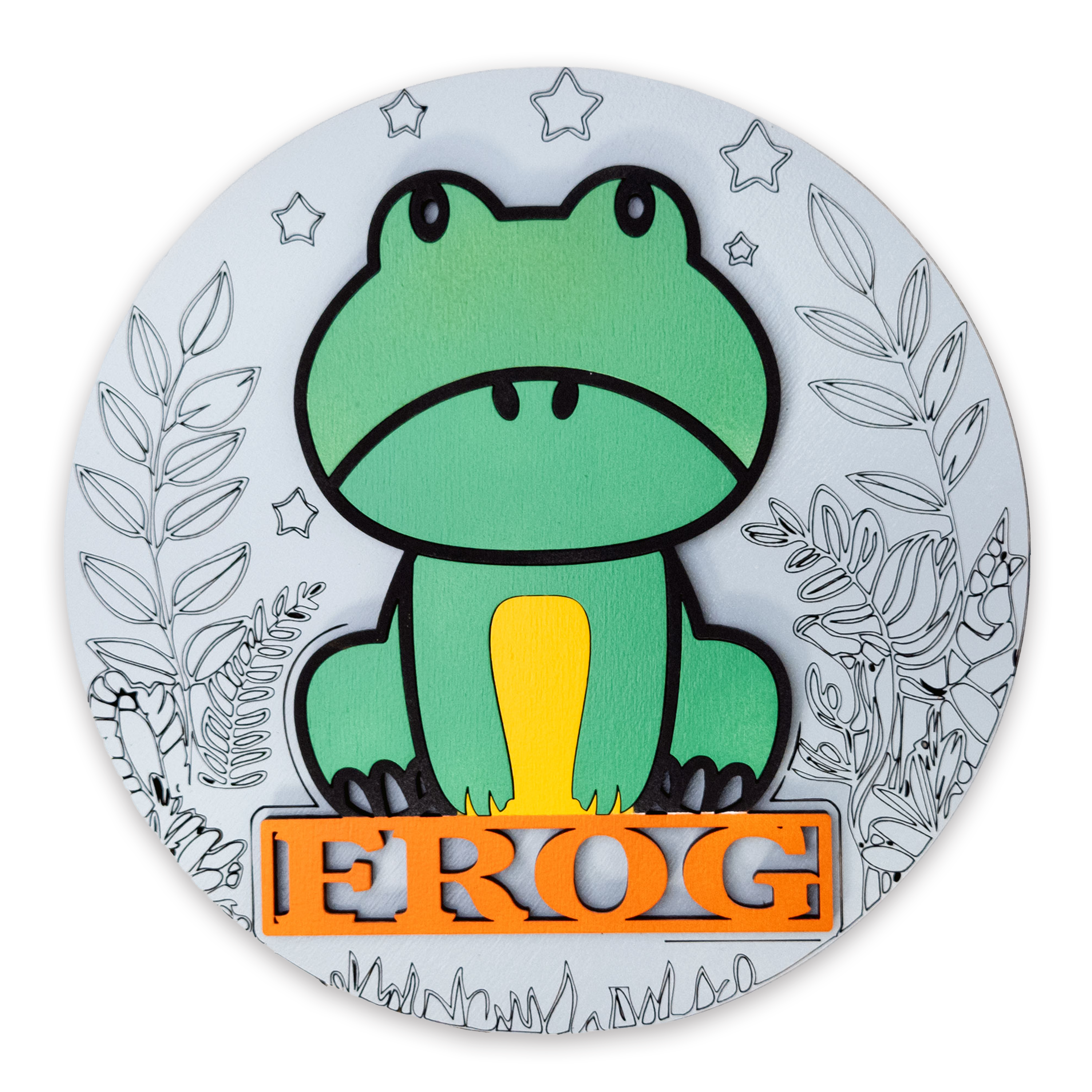 Multilayer 3D laser-cut frog name sign wall art, Baltic Birch Plywood