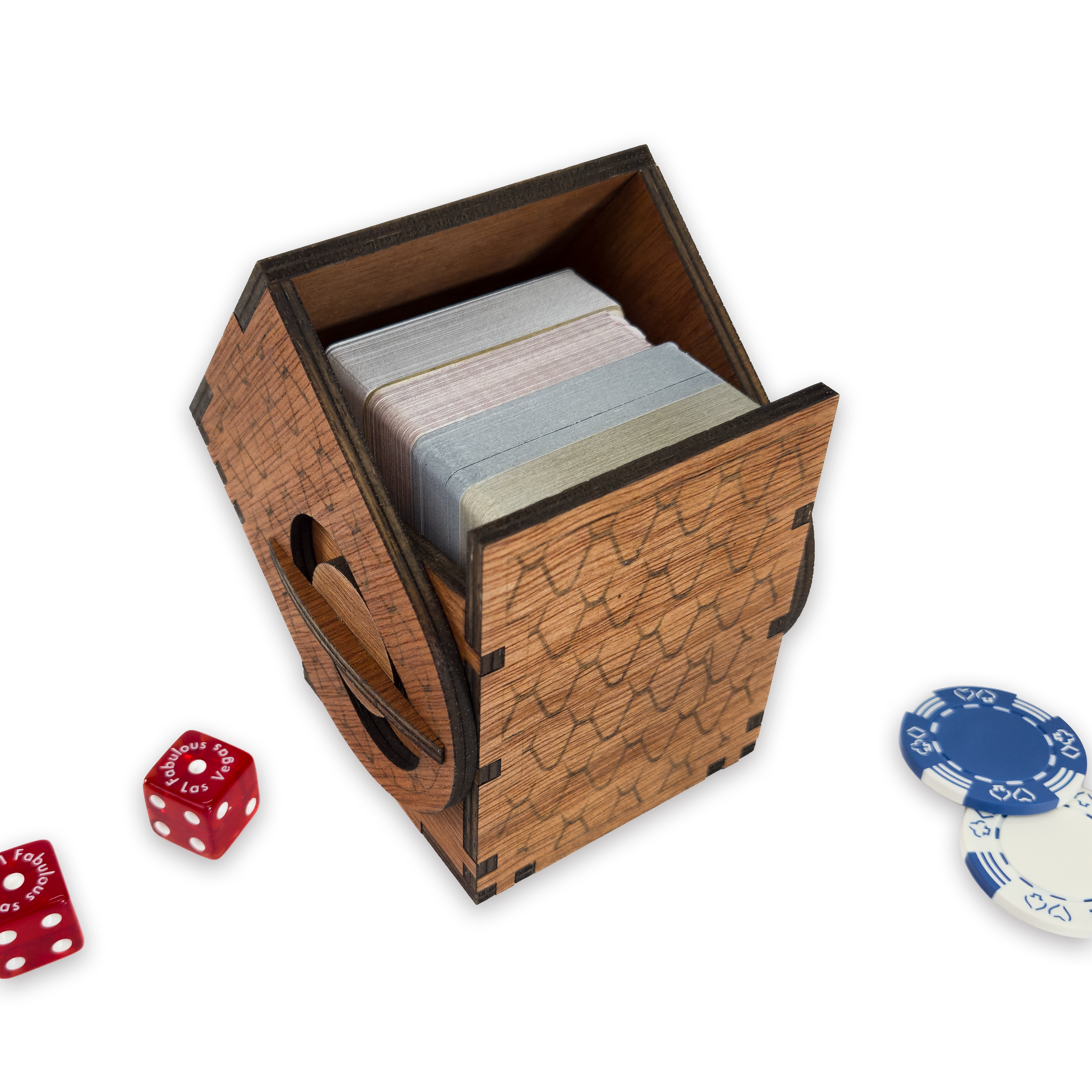 Laser-cut dragon scale deck box, cherry-finished birch plywood