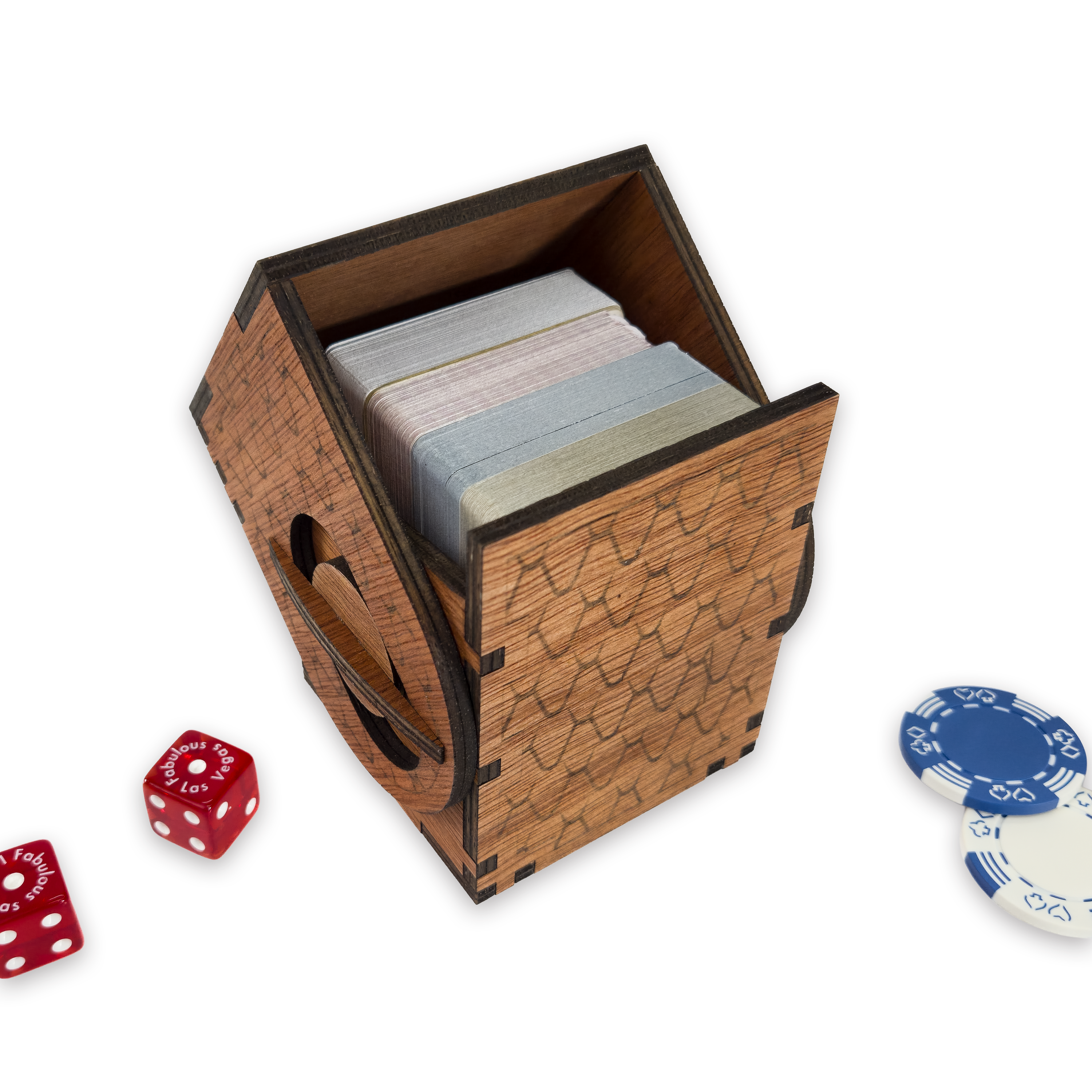 Laser-cut dragon scale deck box, cherry-finished birch plywood