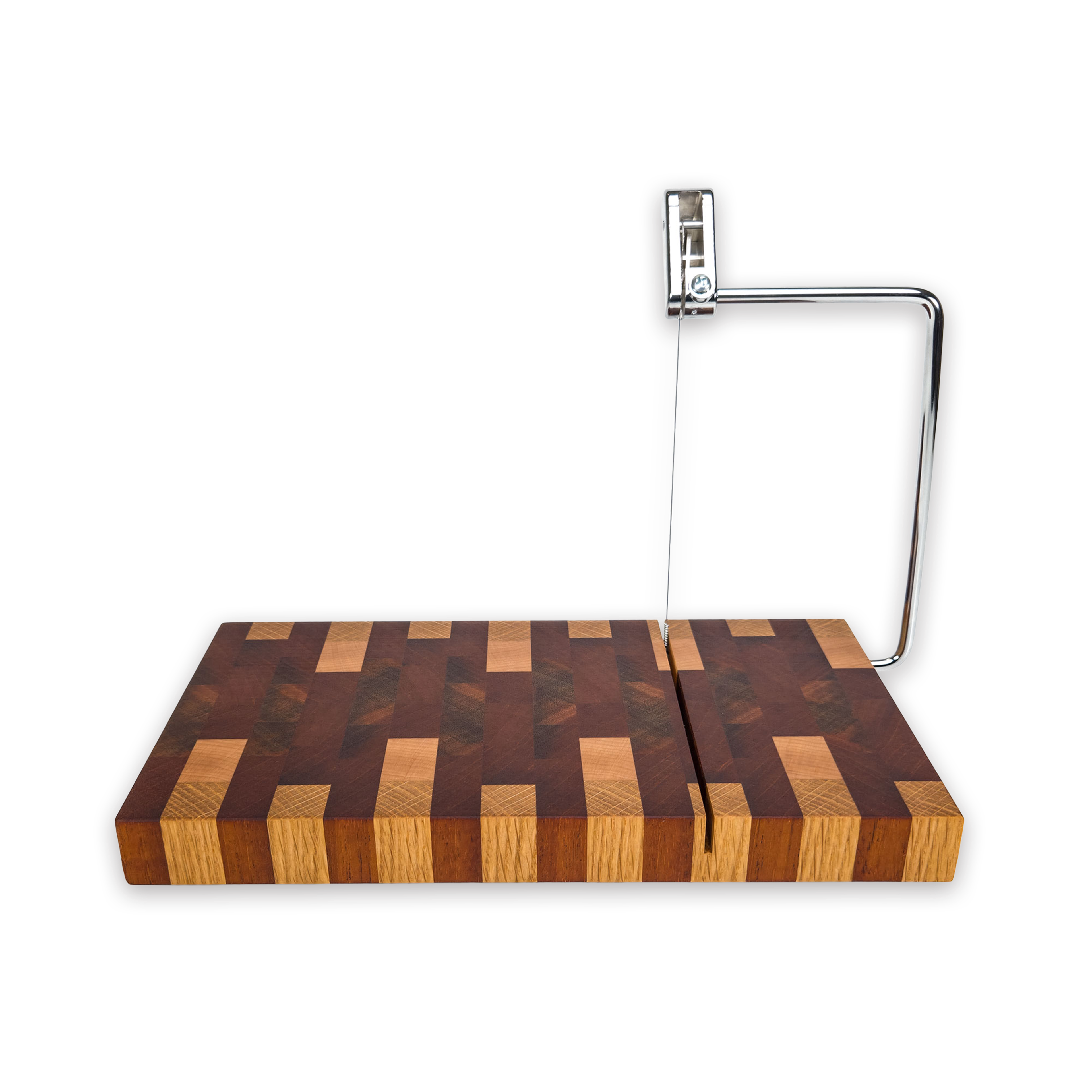 End grain oak, walnut & cherry mosaic cheese slicer board with wire cutter, oiled hardwood