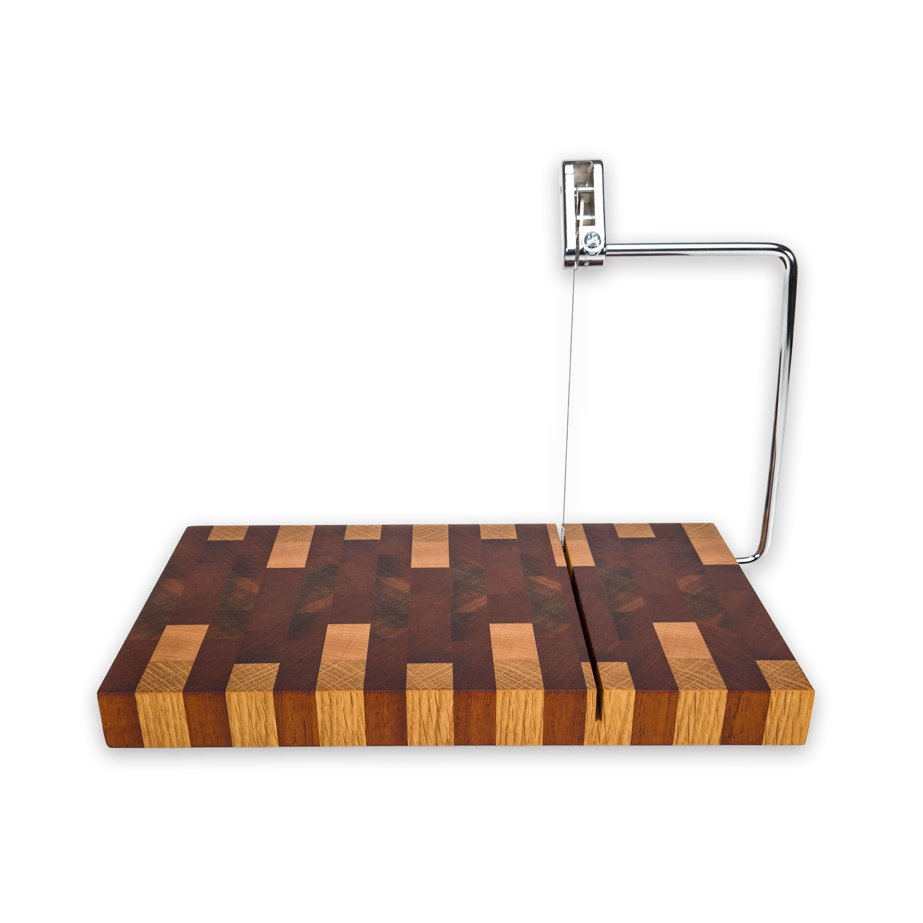 End grain oak, walnut & cherry mosaic cheese slicer board with wire cutter, oiled hardwood