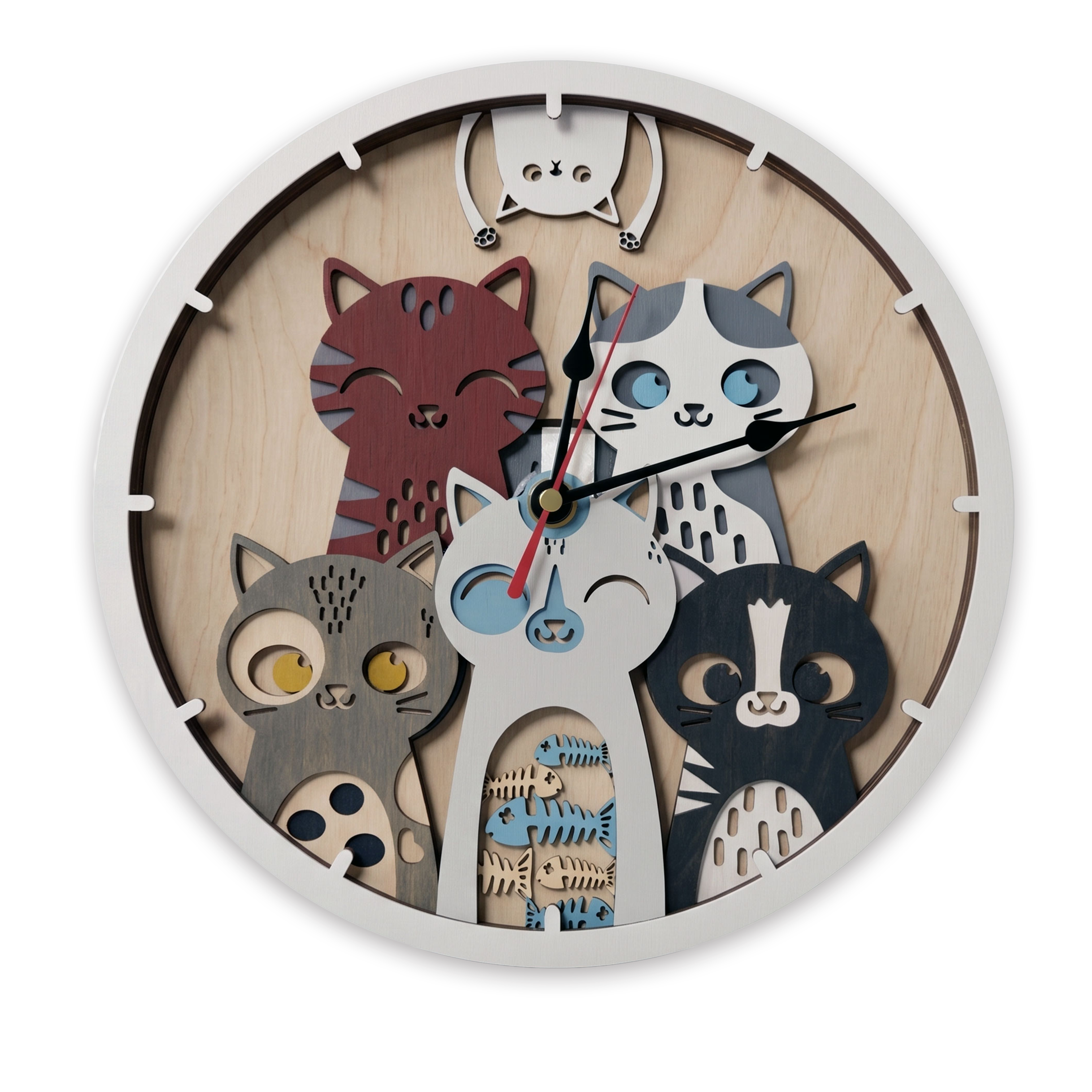 Multilayer 3D laser-cut cat wall clock wall art, Baltic Birch Plywood