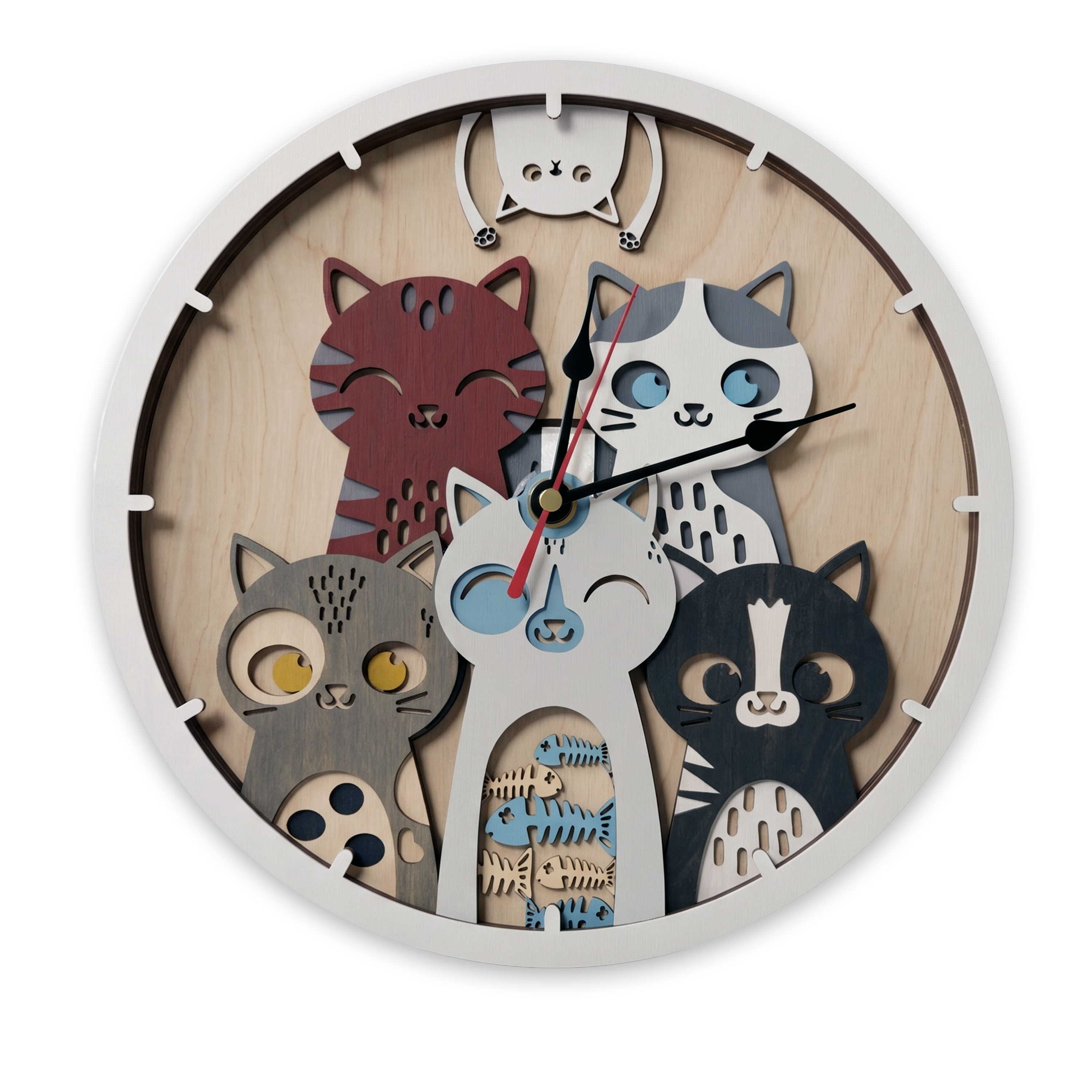 Multilayer 3D laser-cut cat wall clock wall art, Baltic Birch Plywood