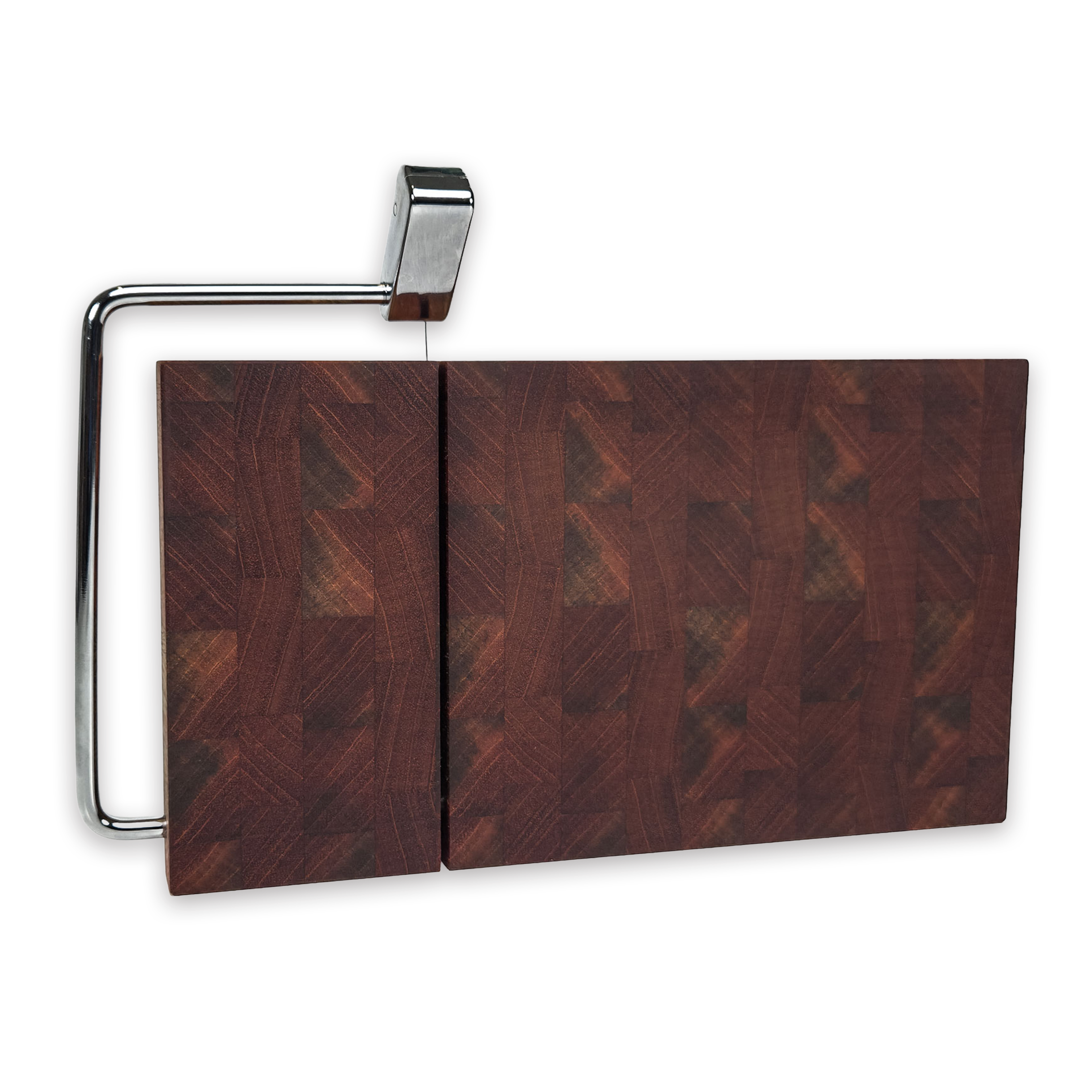 End grain walnut cheese slicer board with wire cutter, oiled hardwood