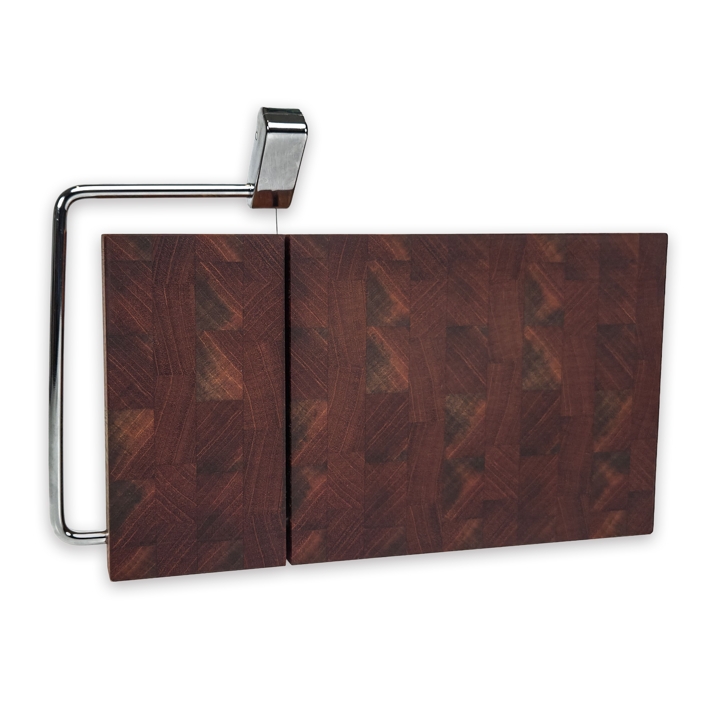 End grain walnut cheese slicer board with wire cutter, oiled hardwood