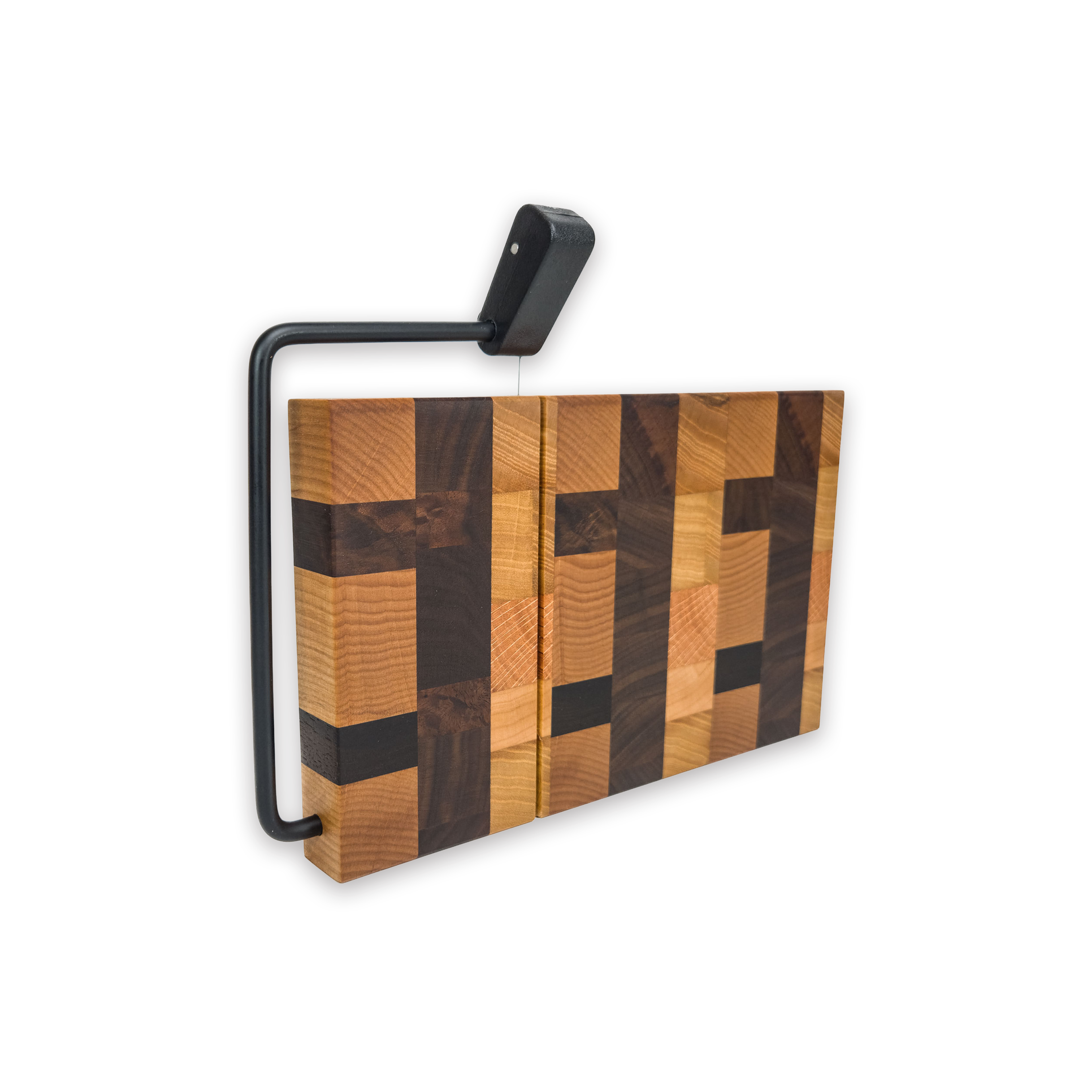 End grain oak, cherry & walnut cheese slicer board with wire cutter, oiled hardwood