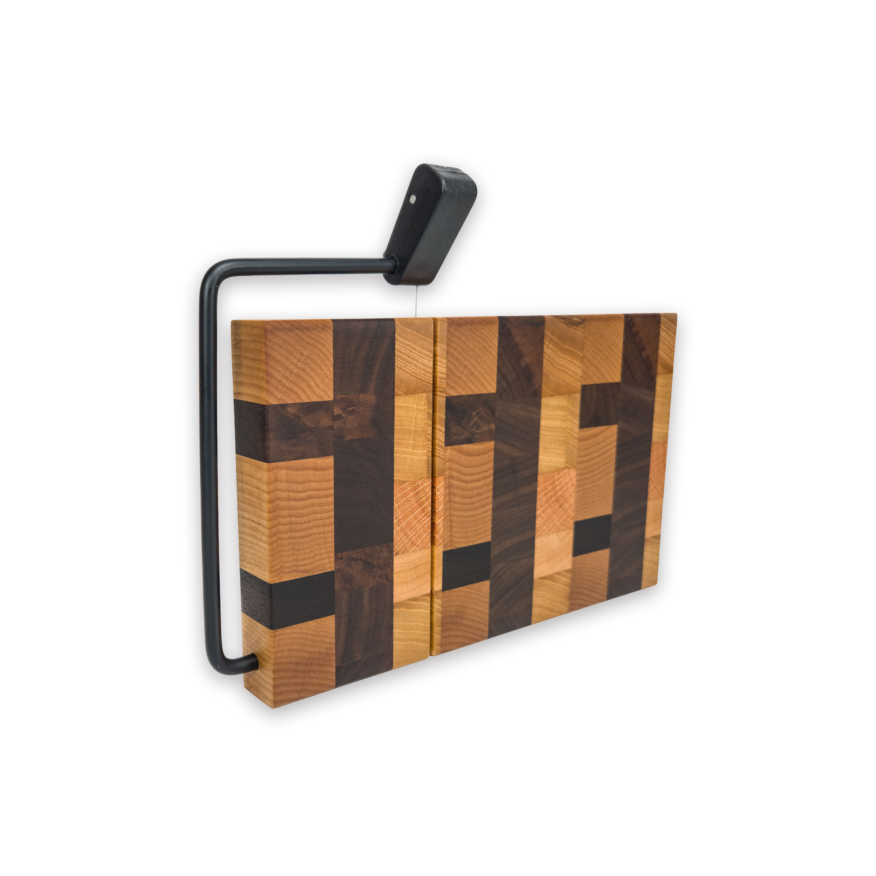 End grain oak, cherry & walnut cheese slicer board with wire cutter, oiled hardwood