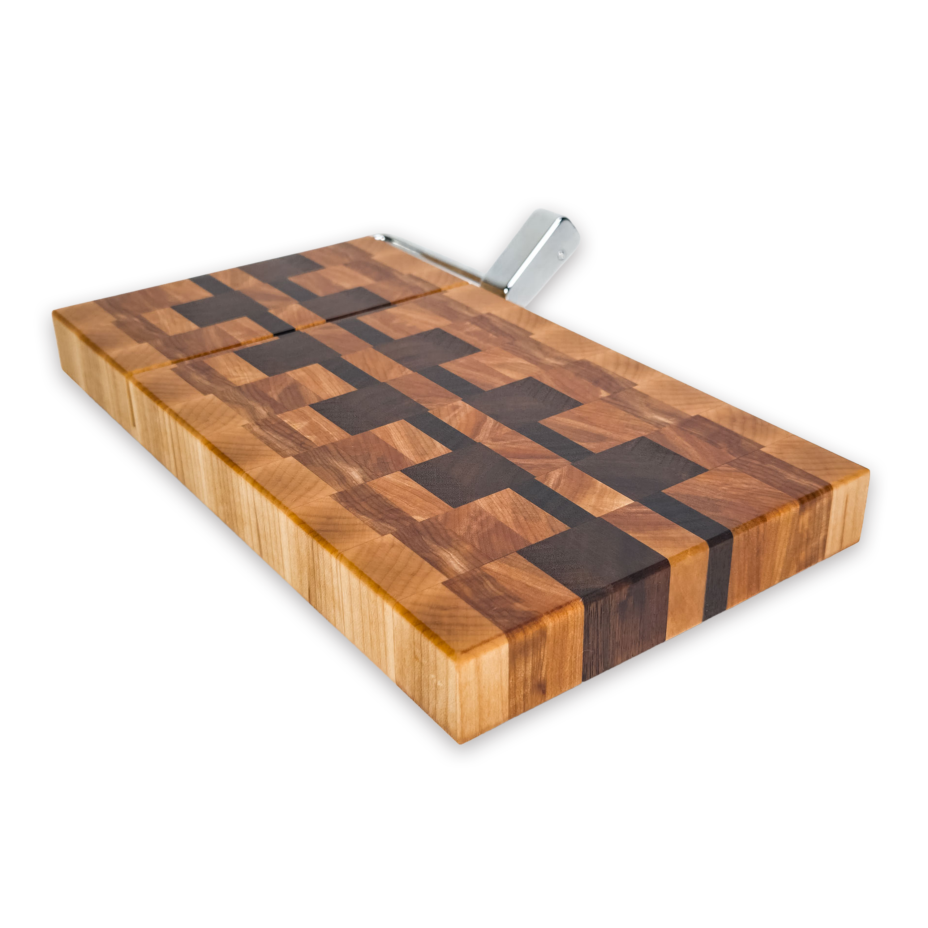 End grain maple, walnut & hickory cheese slicer board with wire cutter, oiled hardwood