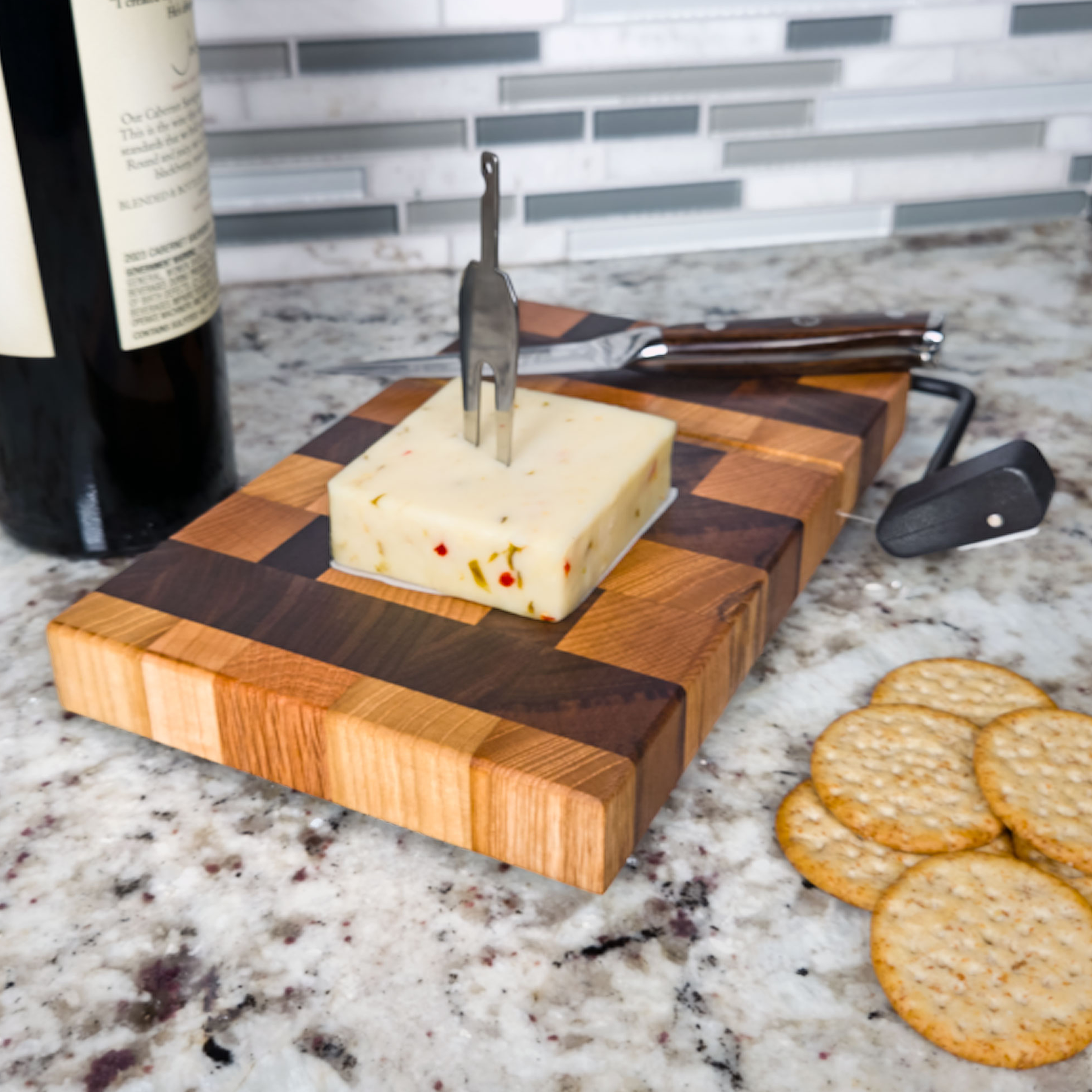 End grain oak, cherry & walnut cheese slicer board with wire cutter, oiled hardwood