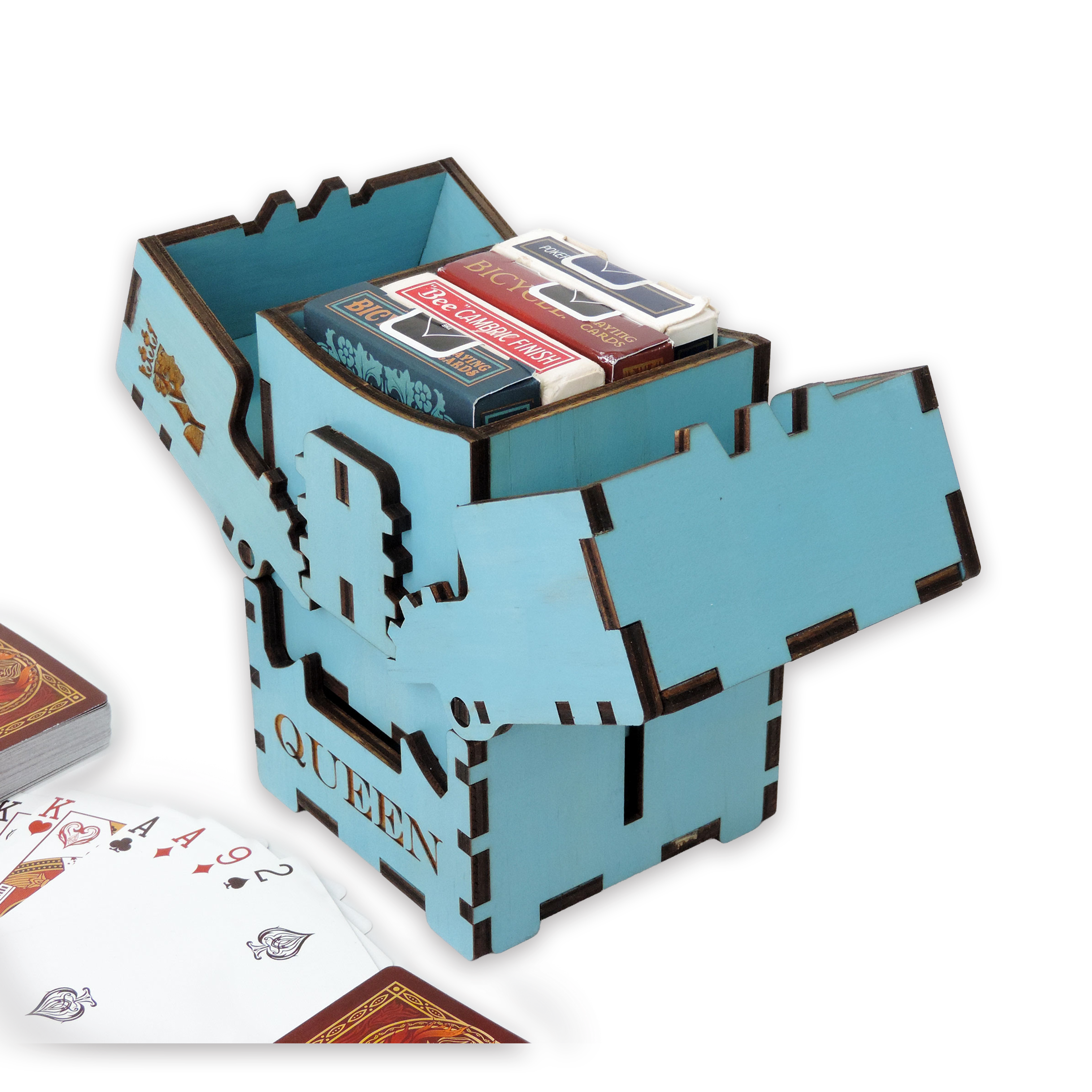 Laser-cut queen box, turquoise-painted birch plywood