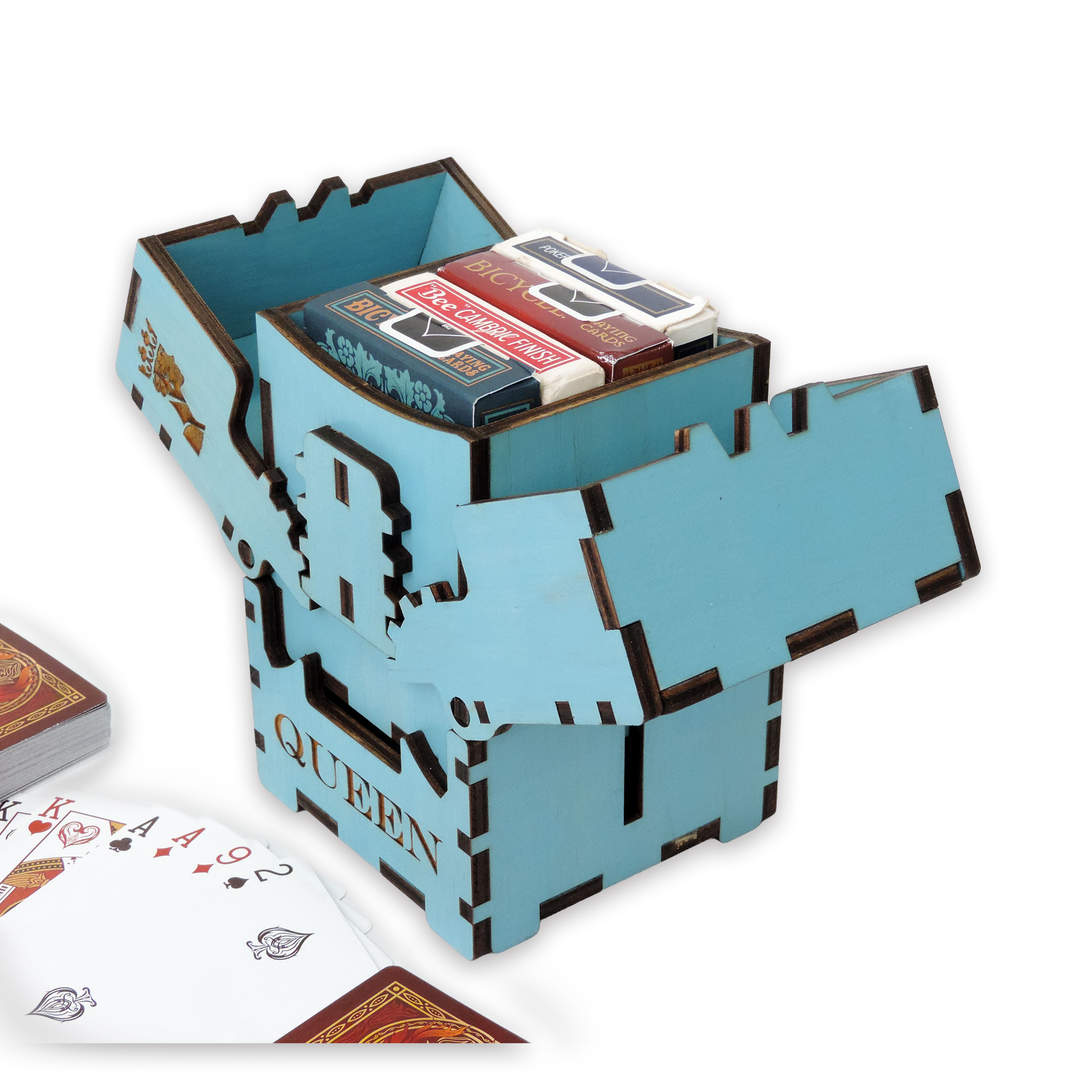 Laser-cut queen box, turquoise-painted birch plywood