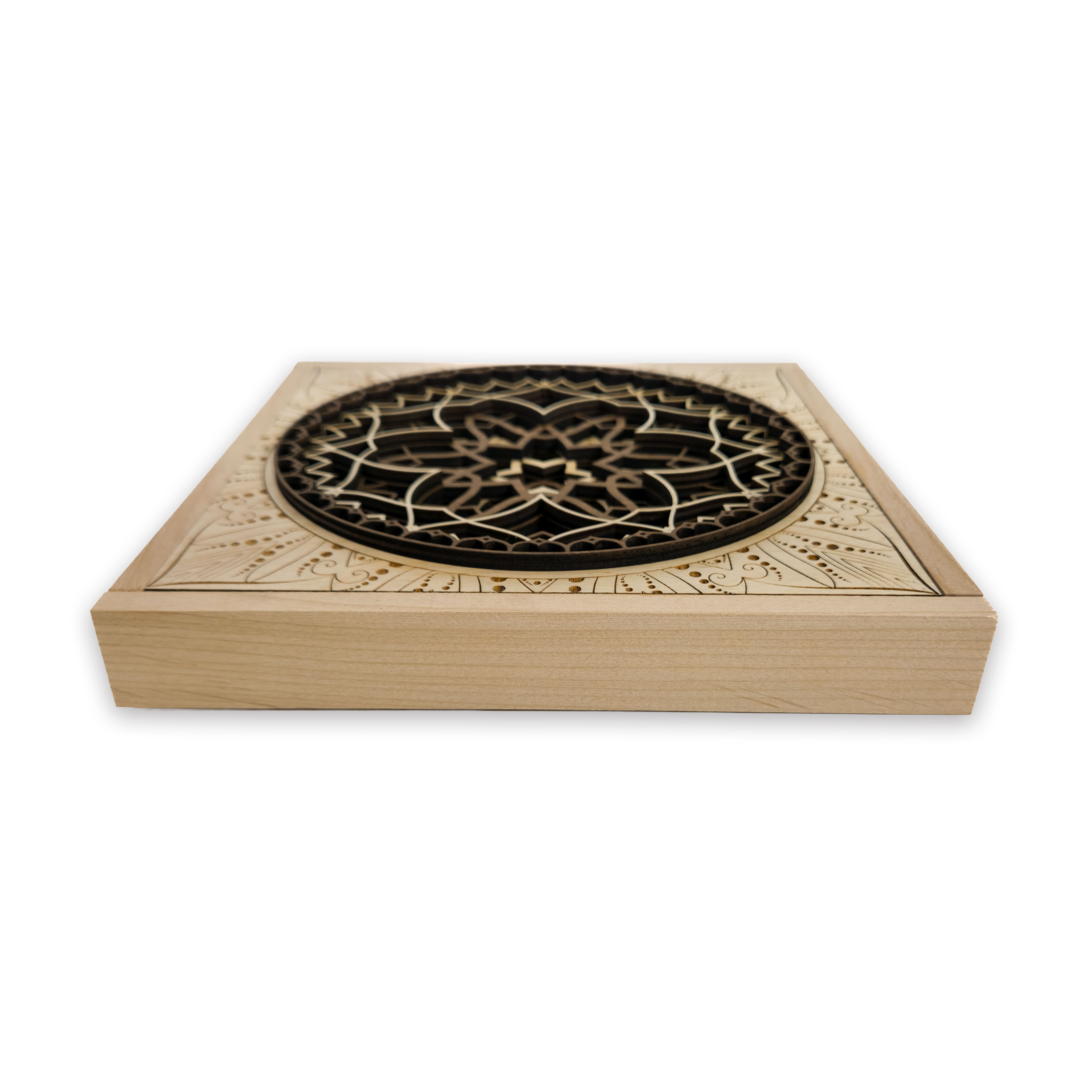 Multilayer 3D laser-cut engraved square mandala wall art, Baltic Birch Plywood