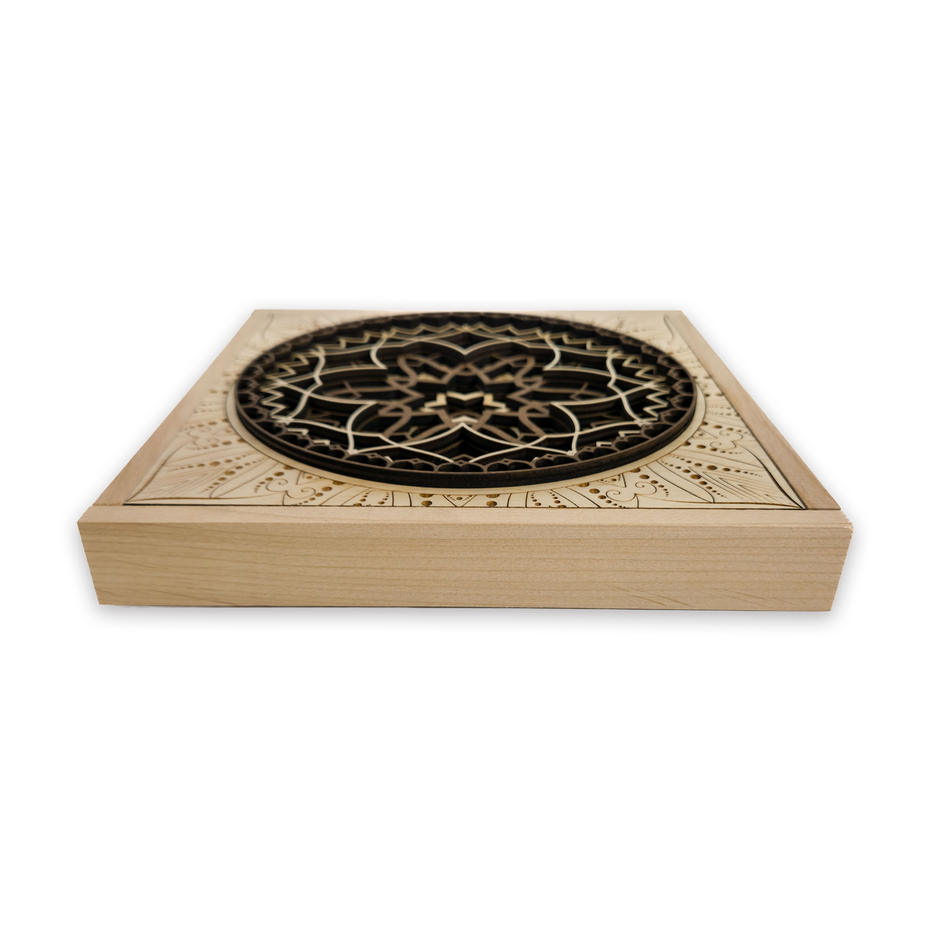 Multilayer 3D laser-cut engraved square mandala wall art, Baltic Birch Plywood