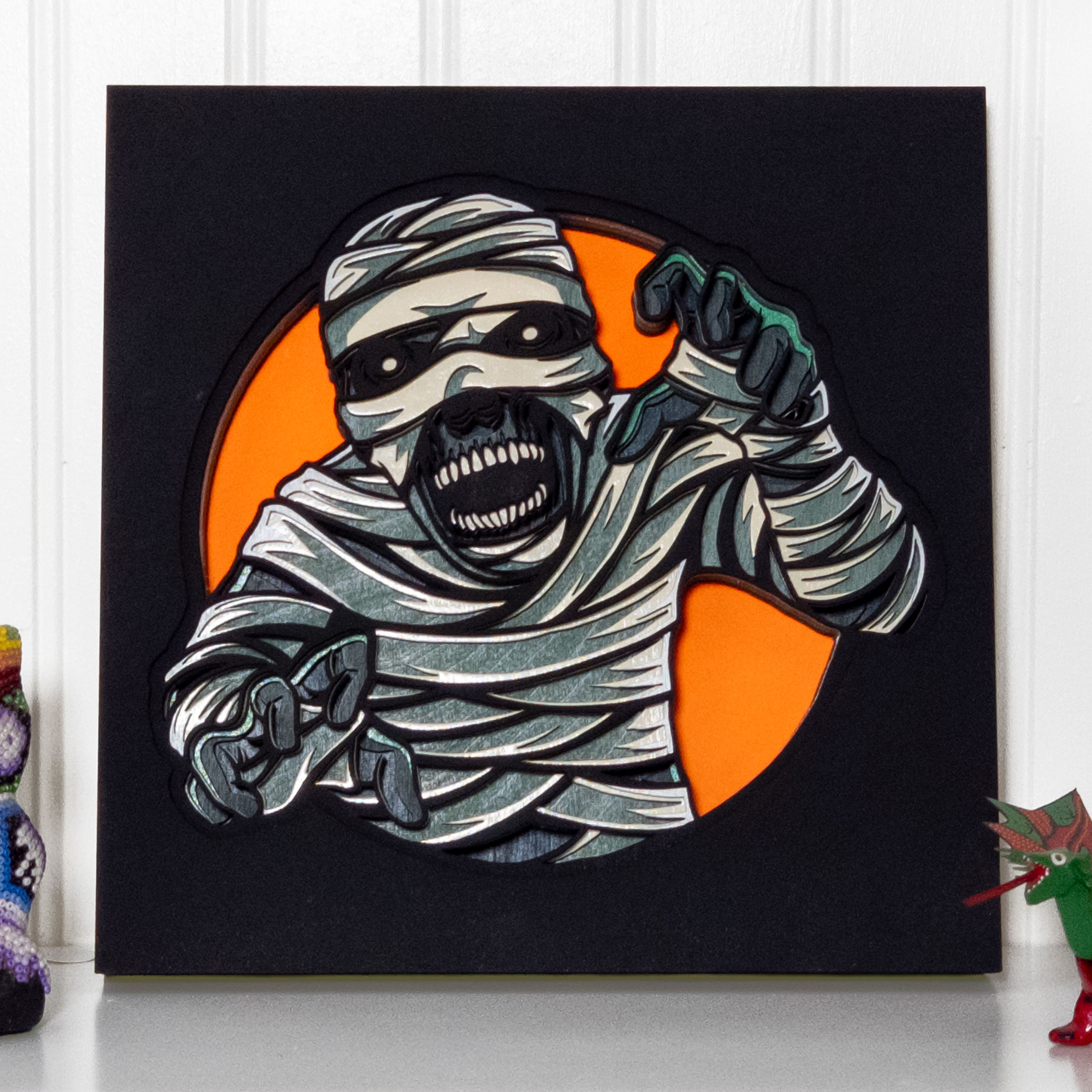 Multilayer 3D laser-cut mummy wall art, Baltic Birch Plywood