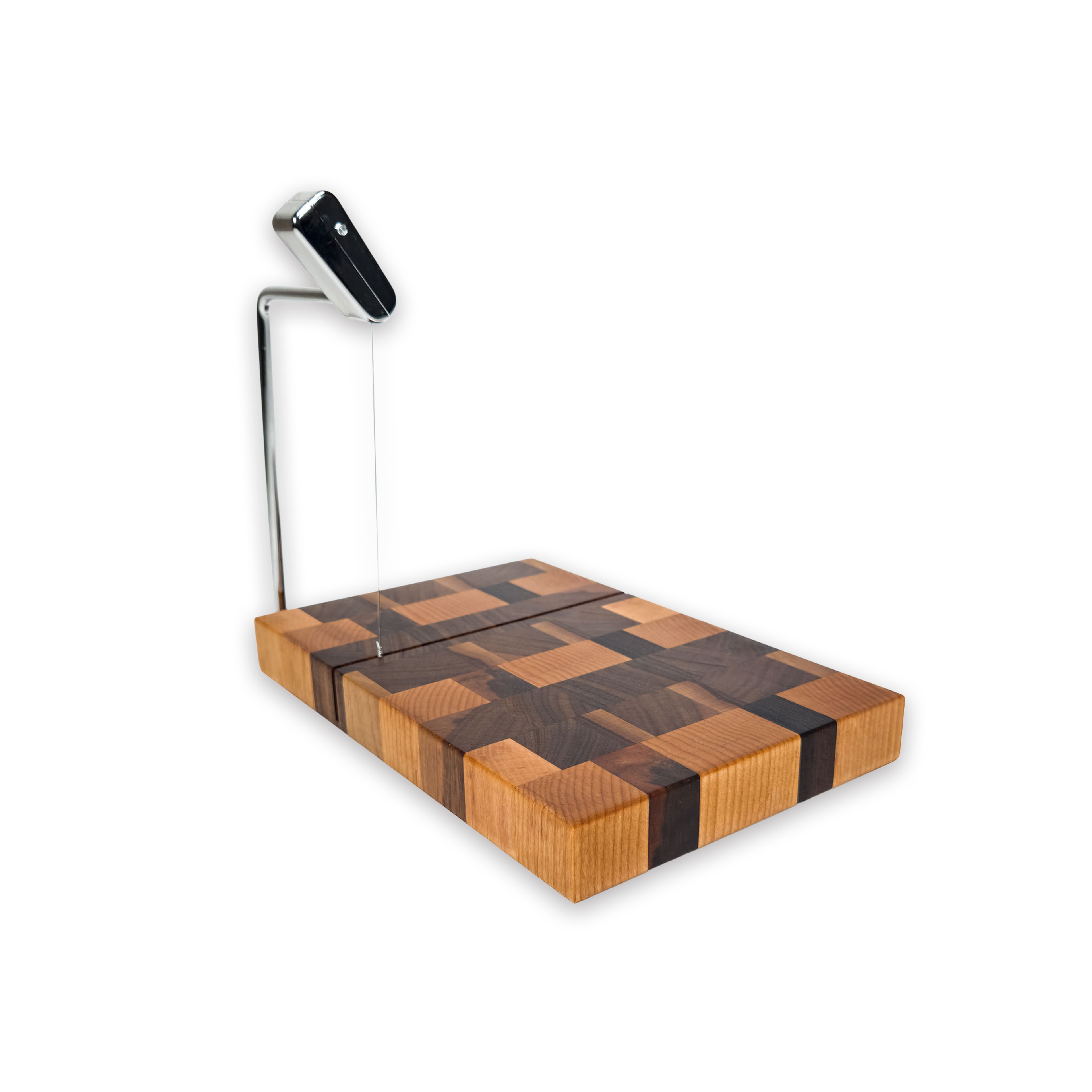 End grain oak, maple & walnut cheese slicer board with wire cutter, oiled hardwood
