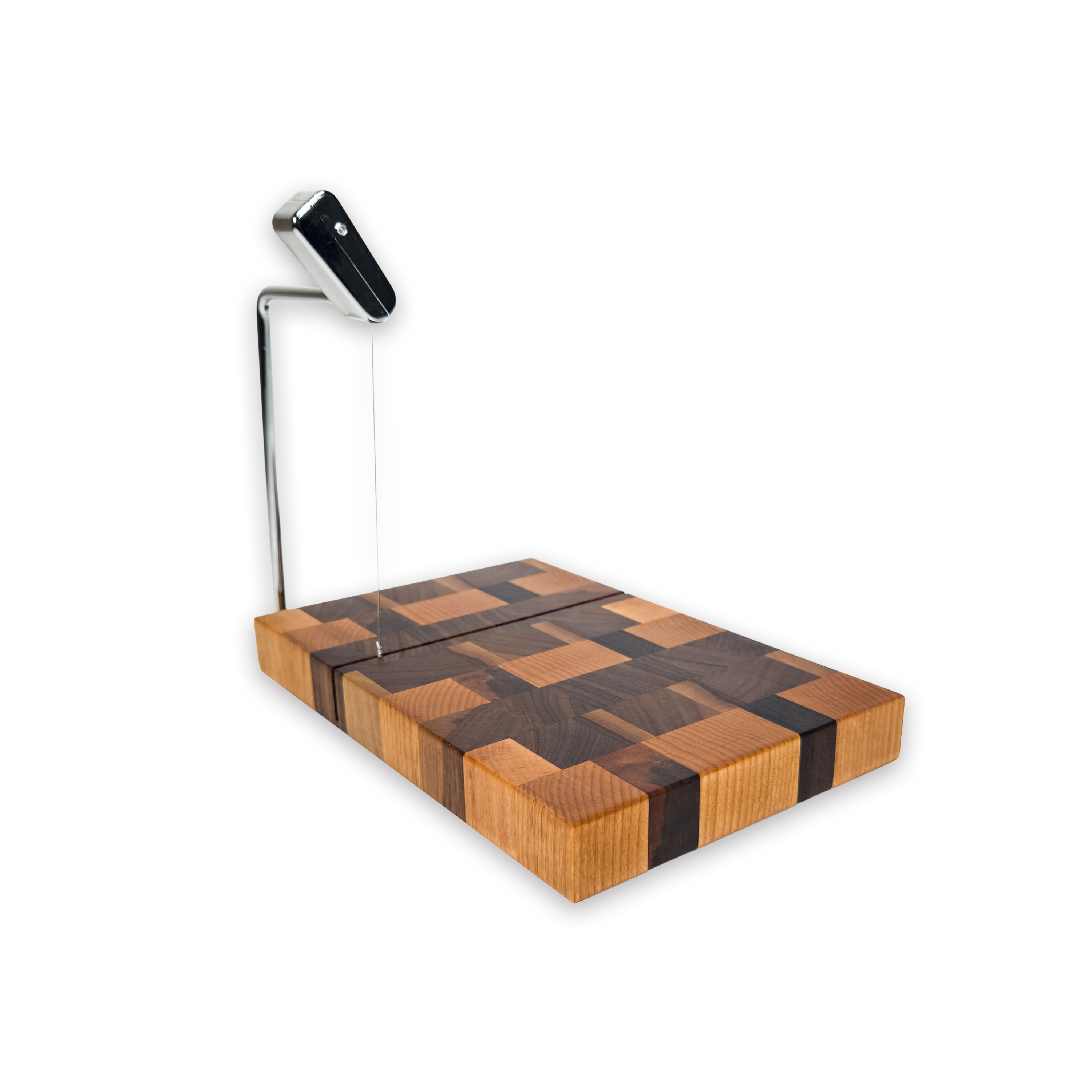 End grain oak, maple & walnut cheese slicer board with wire cutter, oiled hardwood
