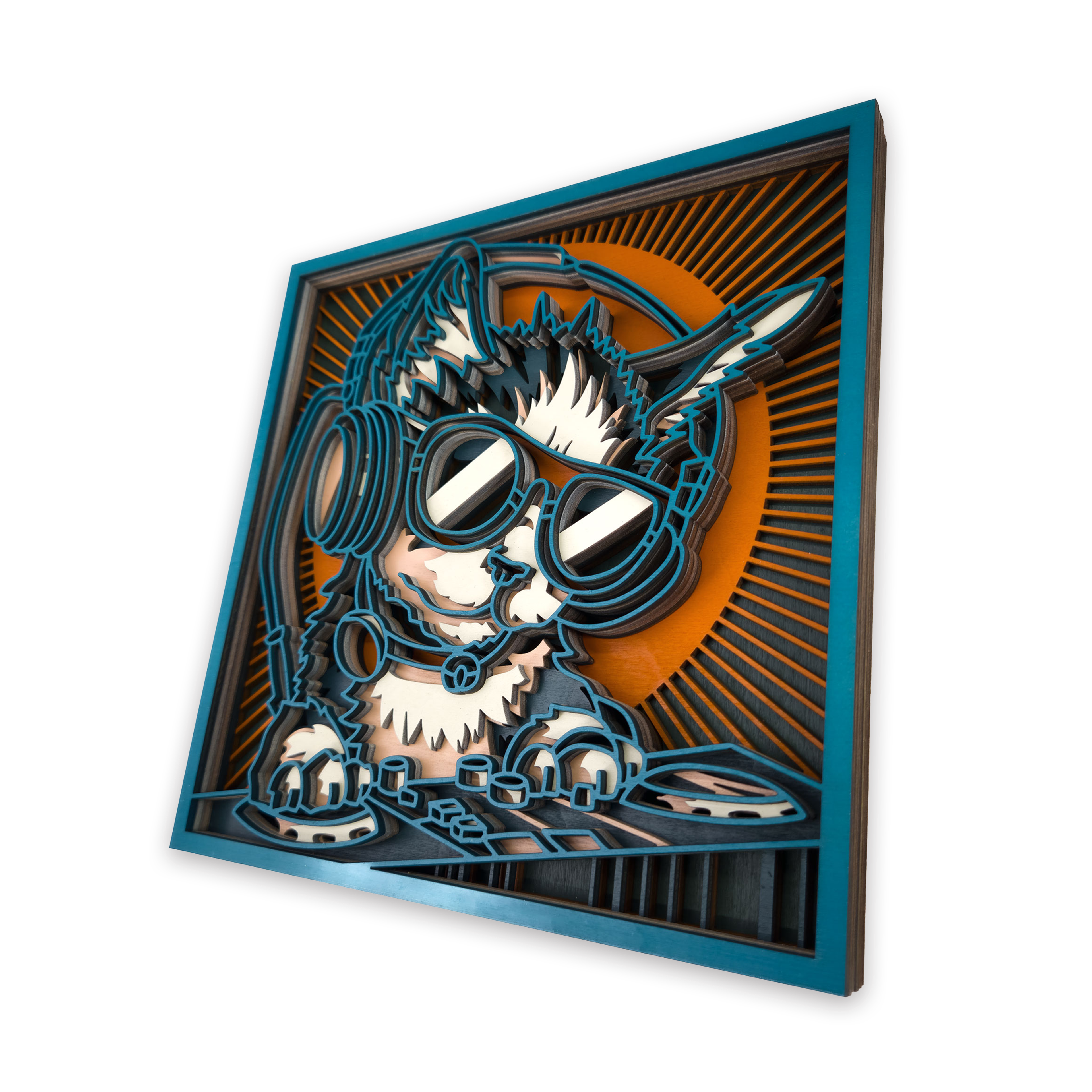 Multilayer 3D laser-cut dj cat wall art, Baltic Birch Plywood
