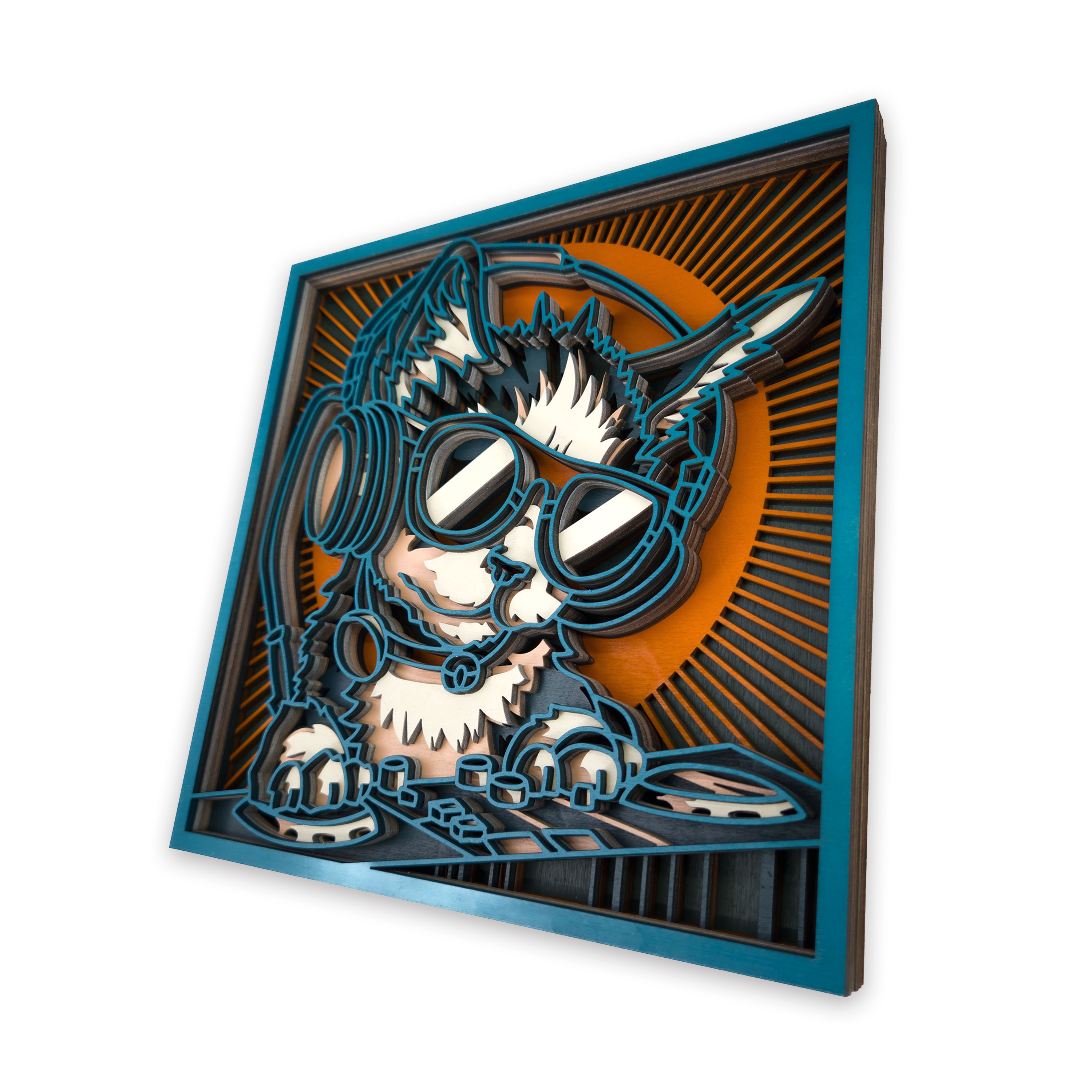 Multilayer 3D laser-cut dj cat wall art, Baltic Birch Plywood
