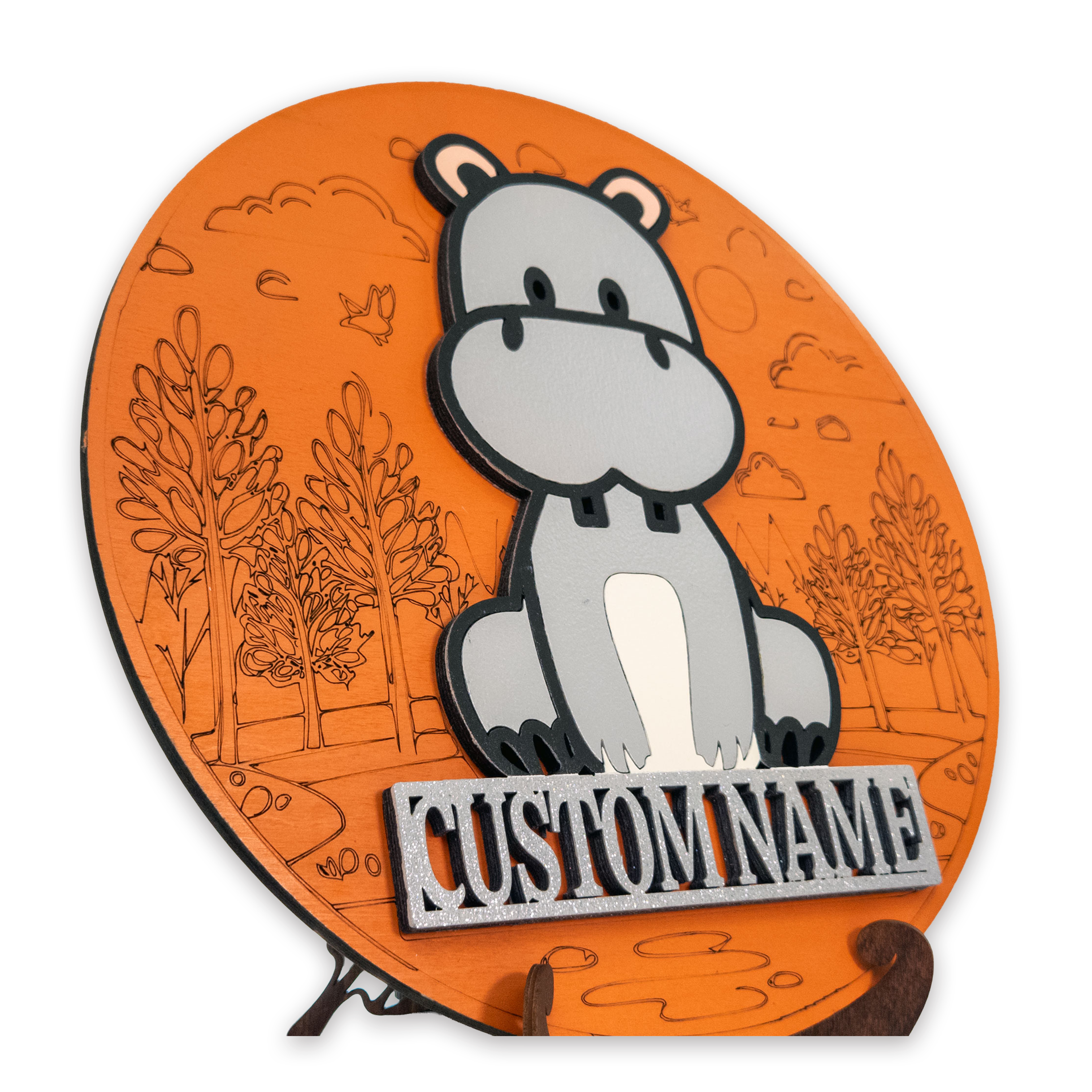 Multilayer 3D laser-cut hippo name sign wall art, Baltic Birch Plywood