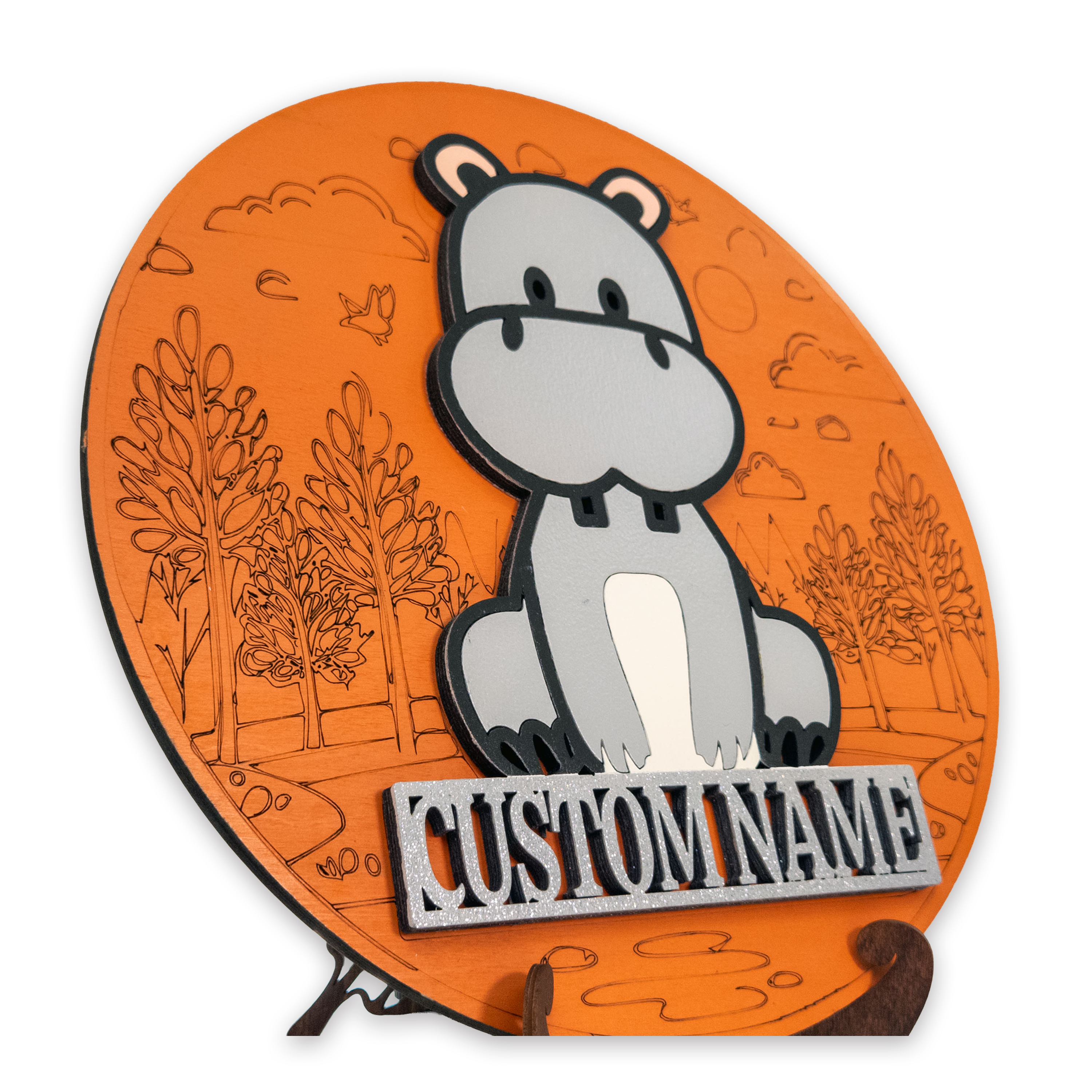Multilayer 3D laser-cut hippo name sign wall art, Baltic Birch Plywood