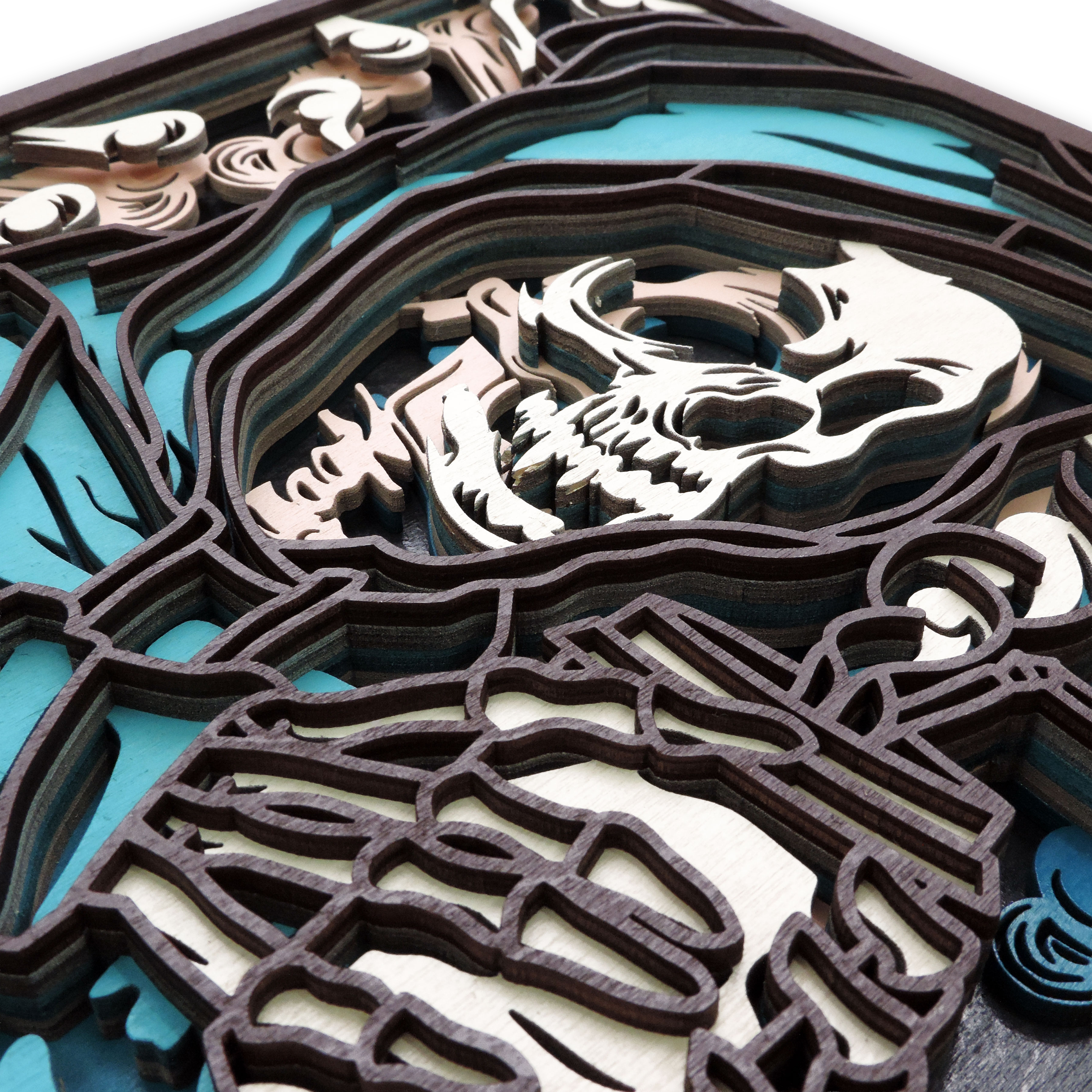 Multilayer 3D laser-cut coffee skeleton wall art, Baltic Birch Plywood